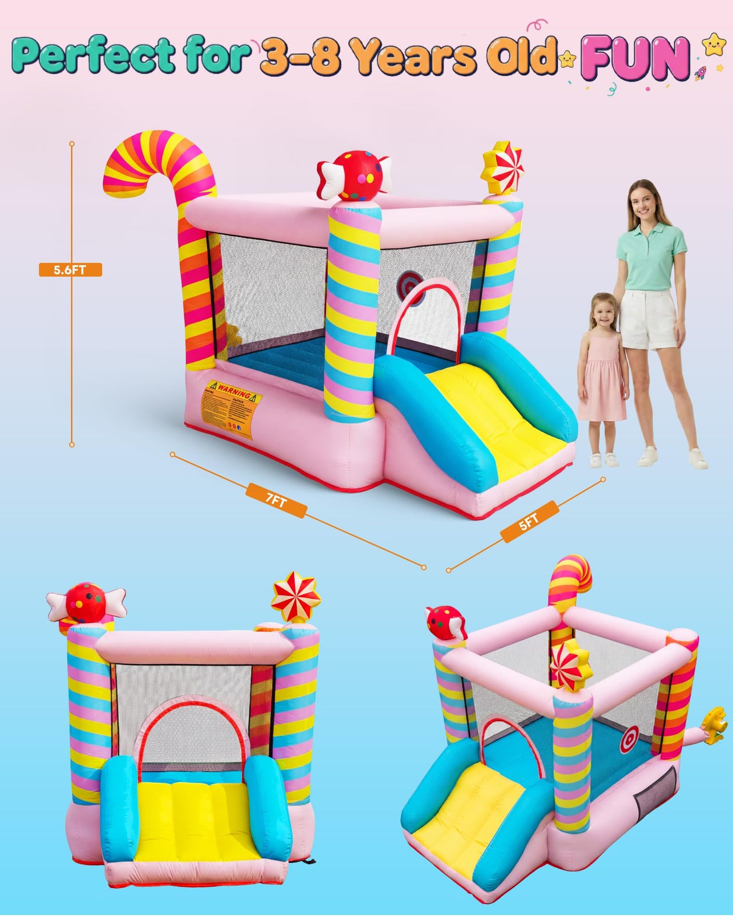 Candy Bounce House for Kids Ages 3-6, Sweet Inflatable Bouncy Castle with Slide, Indoor Outdoor Small Jumping House with Blower, Mini Toddler Bounce Castle for Birthday Gifts and Holidays