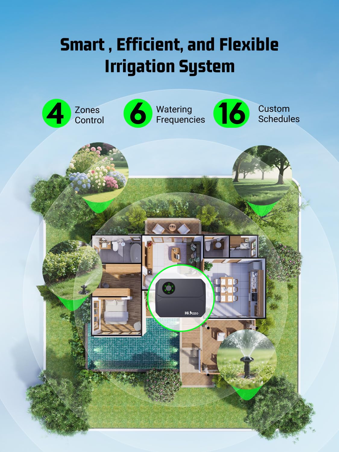 Smart Sprinklers Controller 2.4GHz WiFi, Irrigation Controller Easy Use App Enabled, 4 Zones + 16 Plans, Save Water Auto Skip Rain, Freeze & Wind, 10 Minutes Install