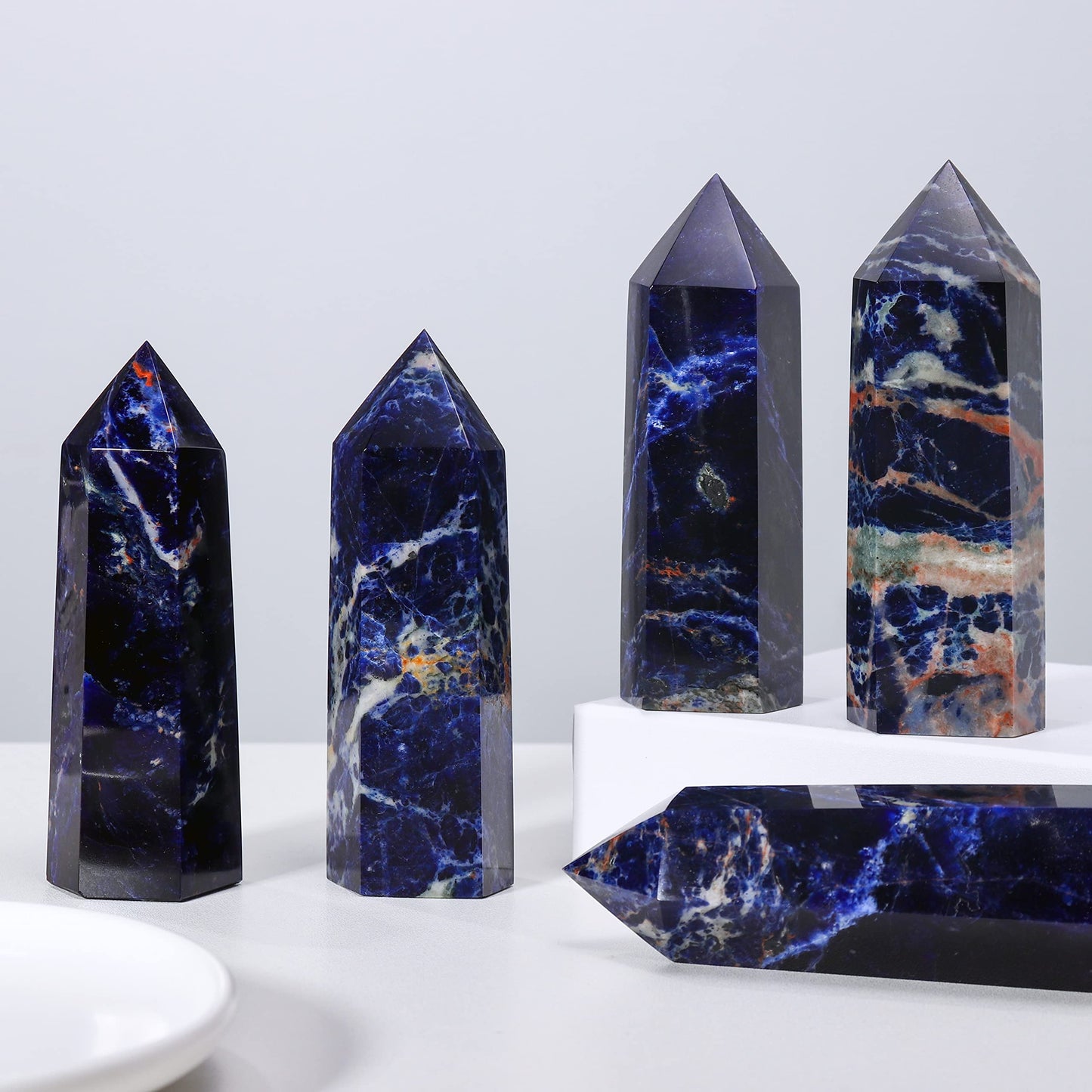 Runyangshi Large Sodalite Natural Healing Crystal Wand 4.72"-5" Blue-Veins Stone Quartz Tower 6 Faceted Single Point Crystals Prism Wand for Meditation Reiki Chakra Therapy Home Decor Gift