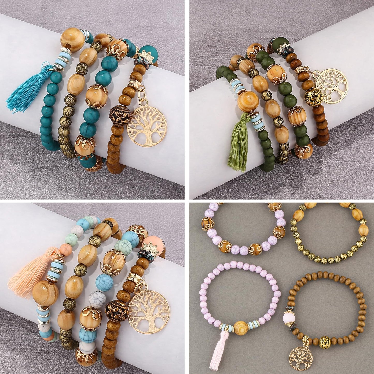 Vesitim Stackable Stretch Bracelets for Women Tree of Life Bead Bracelet Blue Boho Jewelry