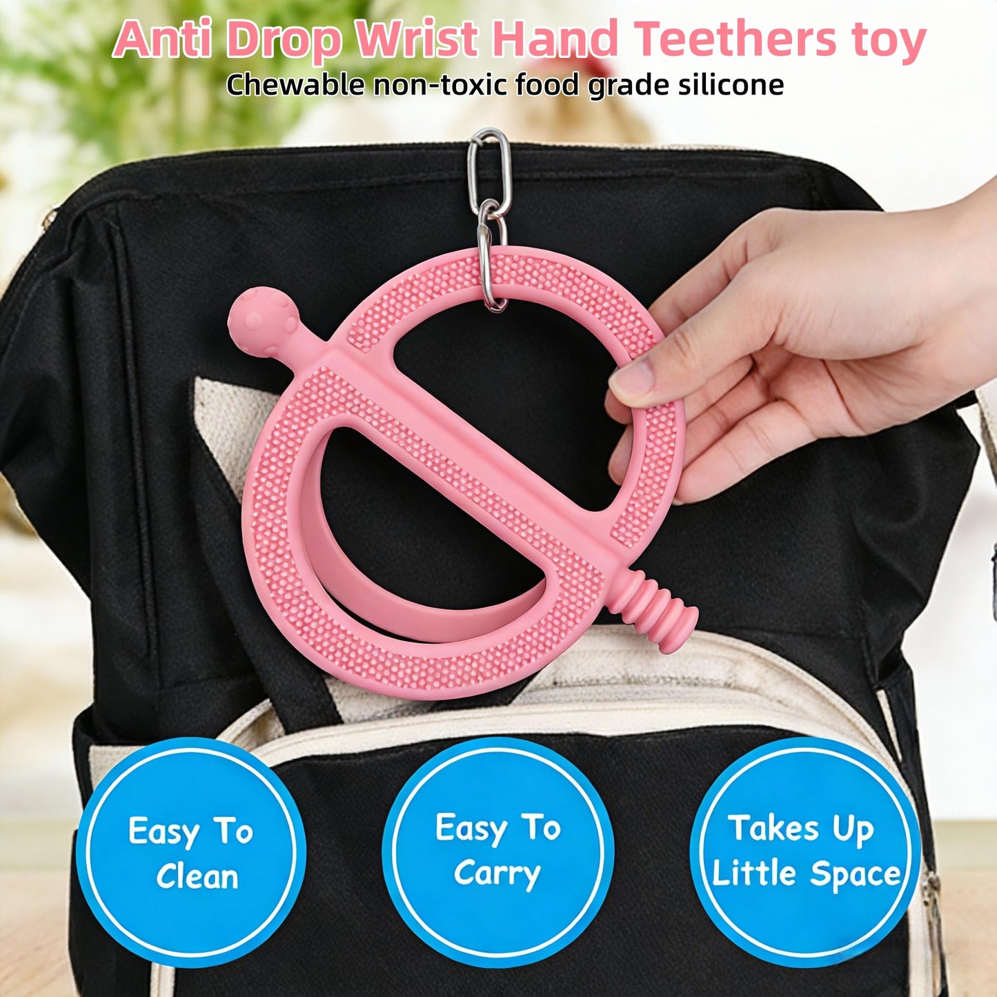 MACLUD 3 Pack Baby Teething Toys, Anti Dropping Wrist Hand Teethers & Easy-Grip Teether Ring, Food-Grade Silicone for Teething Relief, Newborn Essentials Chew Toys 0-12 Months(Blue&Pink&Green)