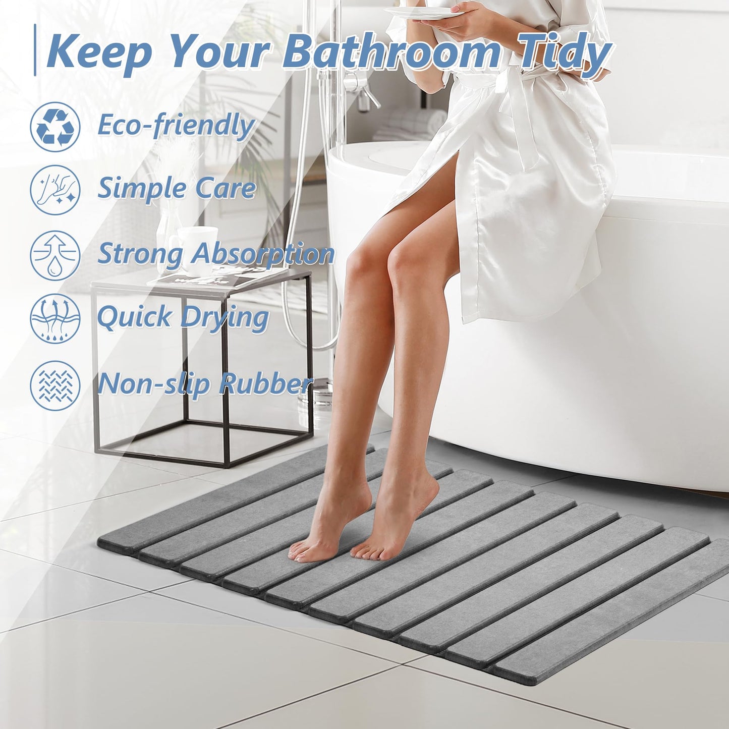 AWW Foldable Stone Bath Mat, Super Absorbent Diatomaceous Earth Mats, Non-Slip 23.6 x 15.5 Inch Quick Drying Mat, Compact and Easy to Store Bath Mats for Bathroom, Easy to Clean, Grey