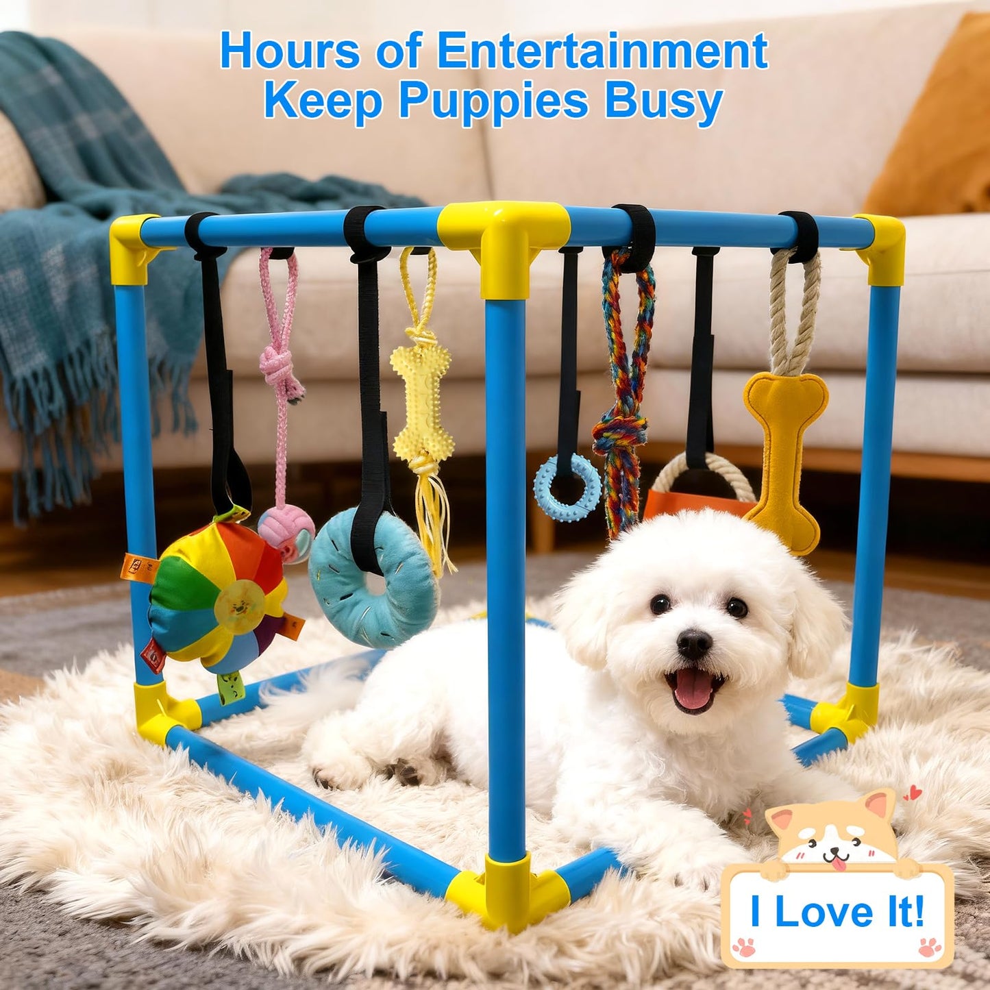 LemSen Puppy Play Gym with 8 Hanging Toys - Indoor Jungle Gym for Small Dogs, Interactive Enrichment Activity Center for Puppies, 19.5" PVC Frame with Teething Squeaky Toys to Keep Them Busy