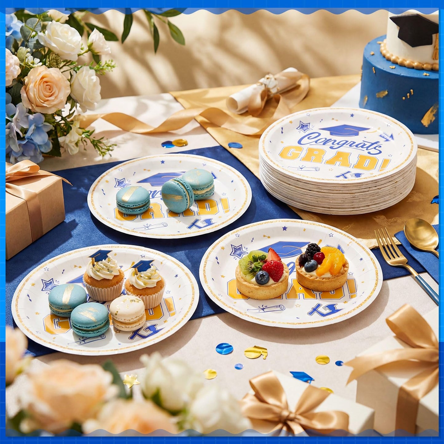 Sabary Blue White Gold 100 Pcs Graduation Paper Plates 2026 9 Inch Graduation Party Supplies Class of 2026 Decorations Congrats Grad Plates Disposable Plate Tableware (Classic)