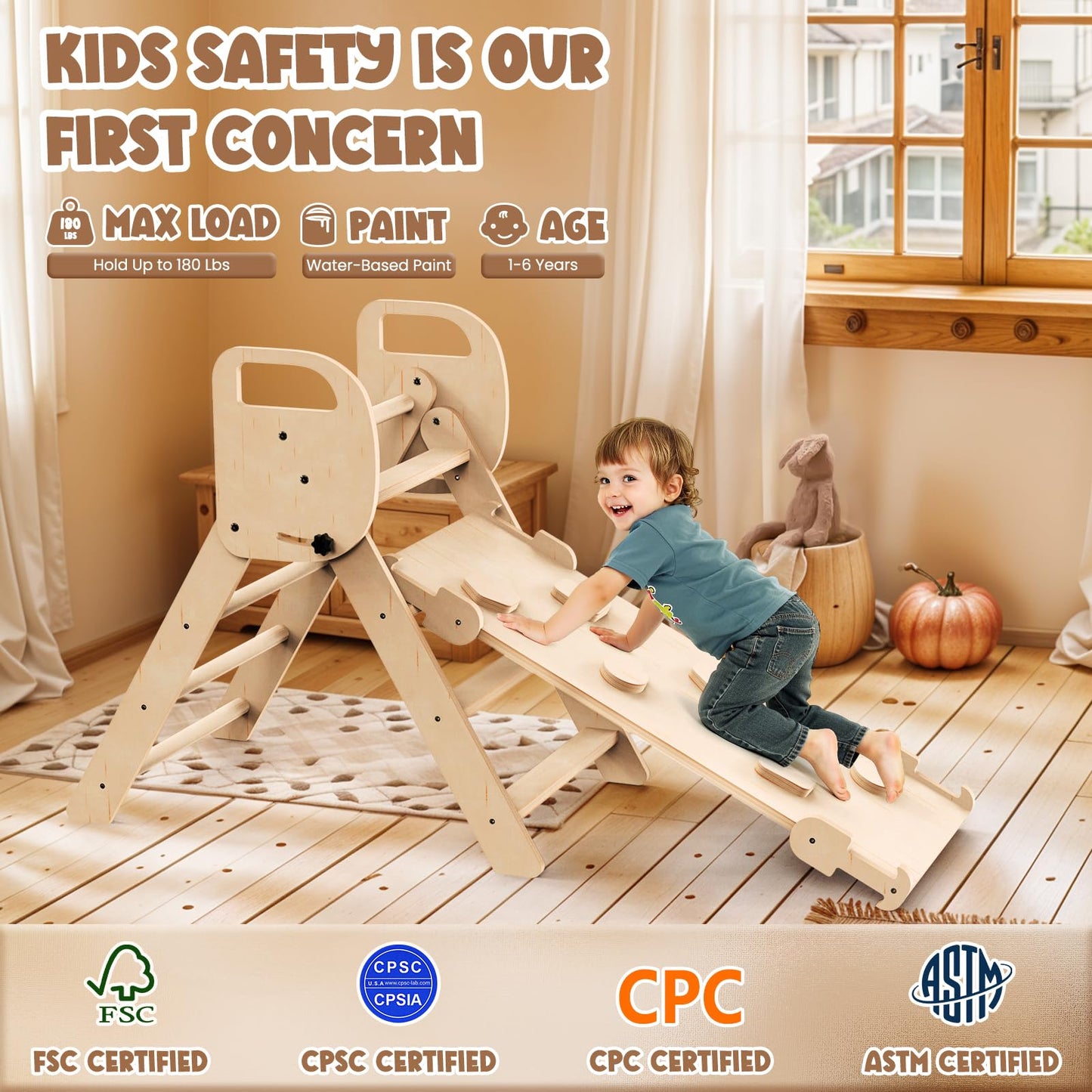Norbee Pikler Triangle Set Foldable Wooden Toddler Climbing Toys Indoor, Playground Jungle Gym for Kids, Montessori Climbing Set for Toddlers