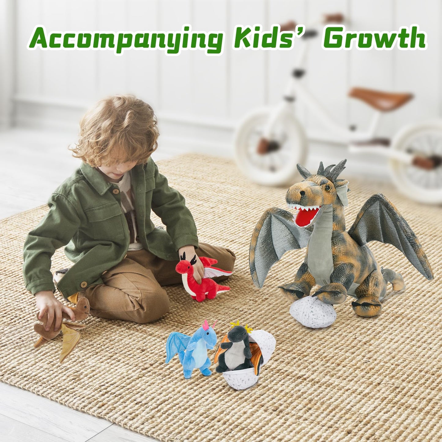 Karister 7Pcs Gray Dragon Plush Toy Set, Mother Flying Dinosaur Stuffed Animal with 4 Baby Dragon & 2 Eggs Inside, Dinosaur Stuffed Toy for Kids, Christmas Birthday Children's Day Gift for Boys Girls