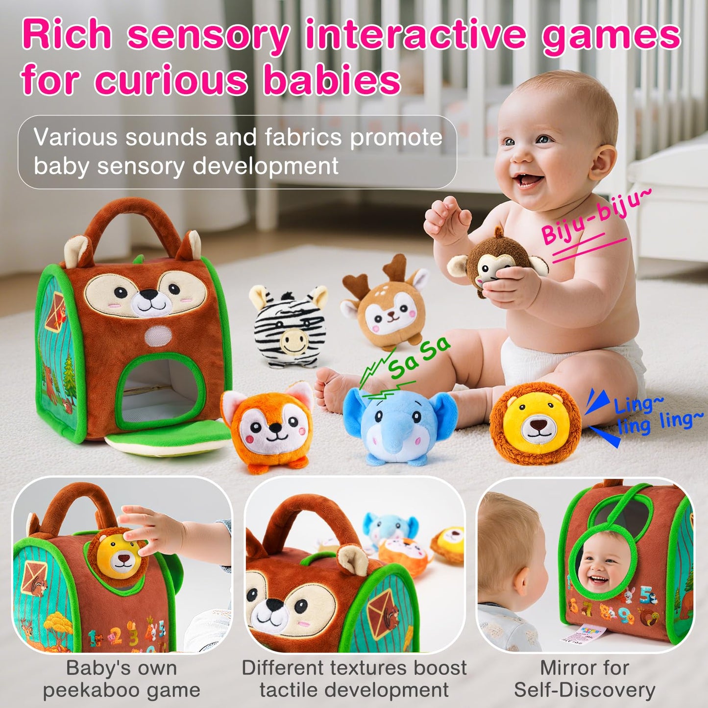 NECTAR BABY Soft Baby Sensory Toys - Squirrel Barn with 6 Stuffed Zoo Animals - Rattles, Crinkles, Squeak, Mirror - Montessori Toys for 6-12 Months Infant & 1-3 Years Toddlers Gifts & Travel Toy