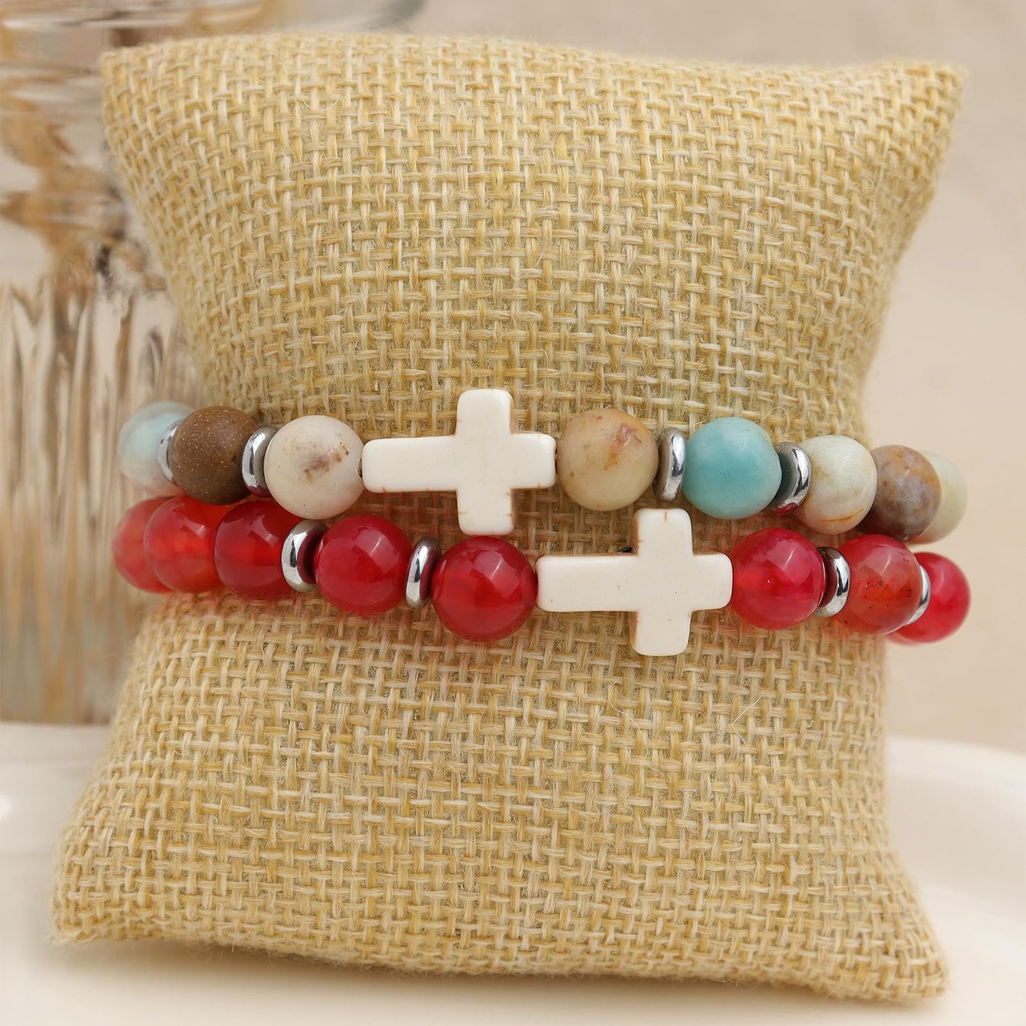 Frigotine Cross Red Agate Beaded Stretch Protection Bracelet for Man Woman, Handmade Carnelian Healing Stone Chakra Beads Elastic Bracelets Catholic Religious Accessories Fashion Jewelry Gift