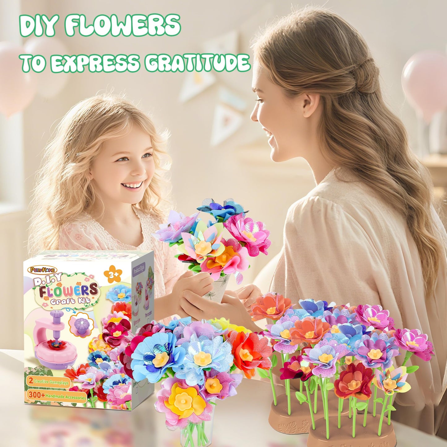 PERRYHOME Fabric Flower Bouquets Toys, 300+ Pcs Birthday Gift Activity Kit, 2 Gameplays STEM Craft for Kids, Reusable DIY Bouquets Maker Mothers Day Gifts for 3 4 5 6 7 8 Years Toddler Girl Gift