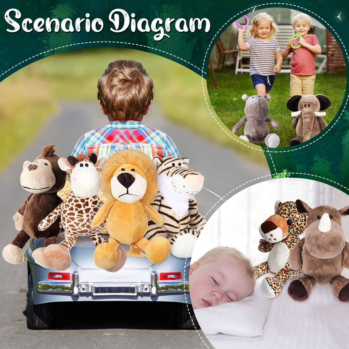 Foilswirl 40 Pcs Safari Forest Stuffed Animals Plush Jungle Themed Animals Toy Gift Elephant Giraffe Lion Tiger Monkey Rhinoceros Zebra Tiger for Baby Shower Party Favors Decoration (10 Styles)