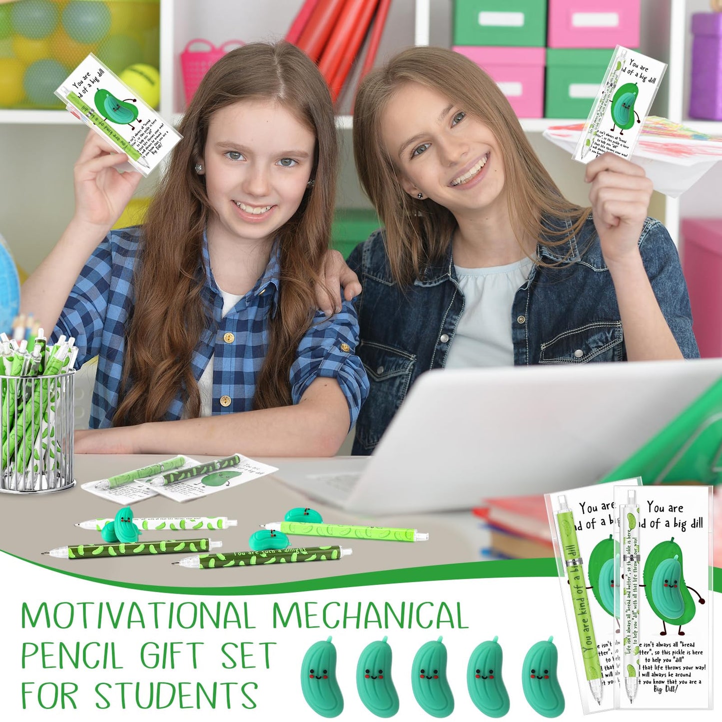 AmazingSpark 30 Sets Inspirational Pickle Pencils Appreciation Gifts Bulk 6 Styles 0.7 mm Mechanical Pencils with Erasers Positive Cards Graduation End of Year Gifts for Teacher Nurse Student Staff