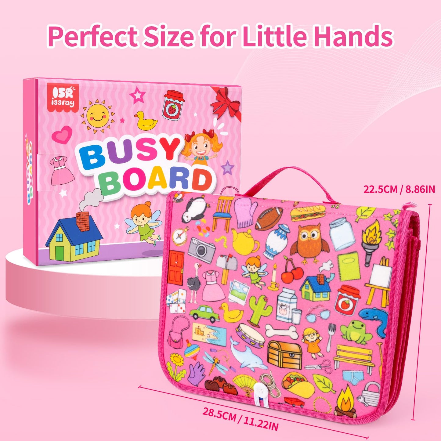 Toddler Busy Board, Montessori Busy Book for Toddlers, 12-Page Quiet Educational Activity Book, Learning Sensory Toys for Motor Skills, Travel Toy for Car Airplane, Girl Kids Birthday Gifts (Pink)
