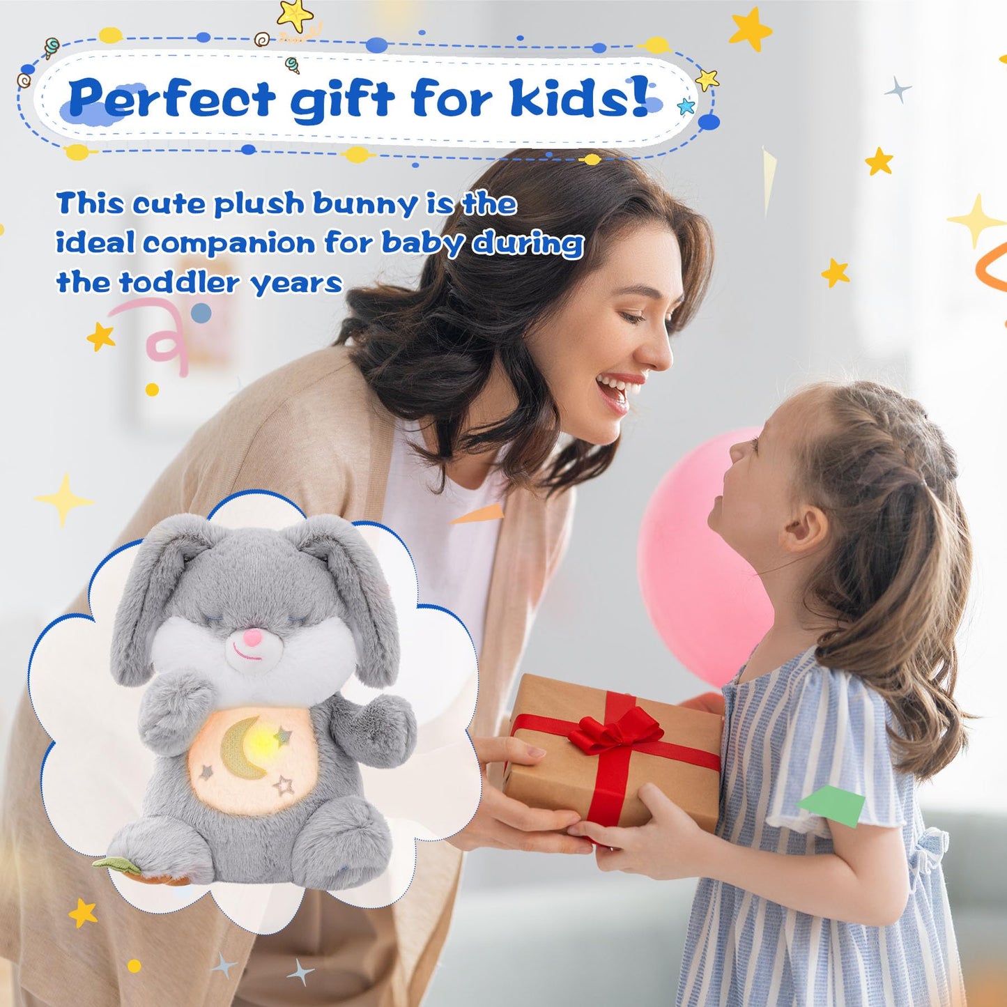MIAODAM Soothing Cuddle Plush Toy, Breathing Stuffed Animal Bunny Plush with Realistic Breathing Action and Relaxing Music, for Babies and Toddlers, Hugging Plush for Emotional Comfort