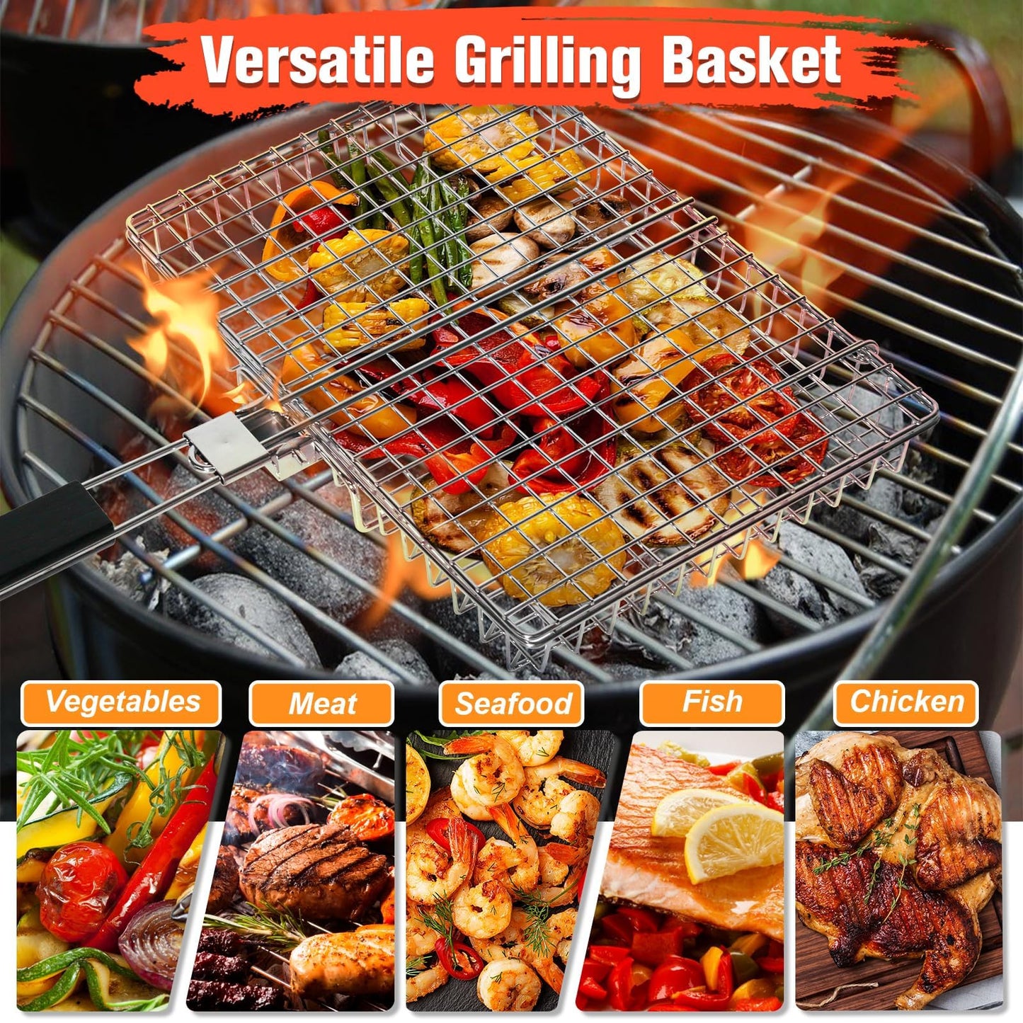 Grill Basket for Outdoor Grill, Stainless Steel Grilling Basket with Foldable Handle, Portable BBQ Cooking Rack for Fish, Vegetables, Shrimp, Chicken - Includes BBQ Skewers 6pcs,Basting Brush,Scrub Sponge-Upgrade