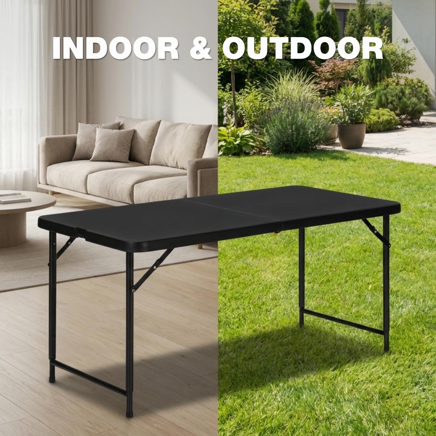 GlowitLian 4ft Folding Table with Adjustable Height, 3-Level Foldable Table with HDPE Top & Steel Legs, Portable 4 Foot Folding Table for Picnic, Party, Craft, Indoor Outdoor Use, Black