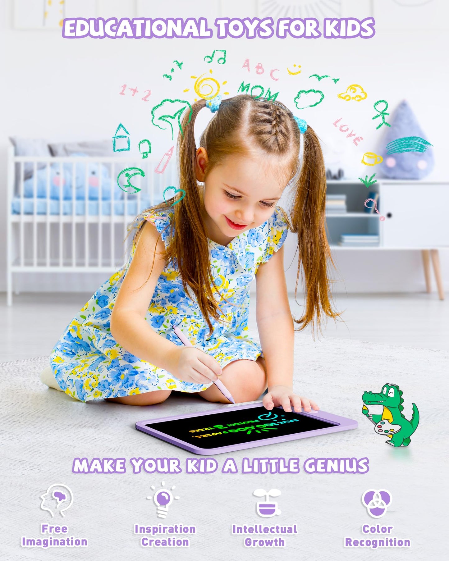 KOKODI LCD Writing Tablet for Kids, 10 Inch Colorful Drawing Tablet, Educational Learning Kids Toys for Age 3-12 Years Old, Toddler Doodle Board, School Supplies for Girls, Birthday Gifts,Purple