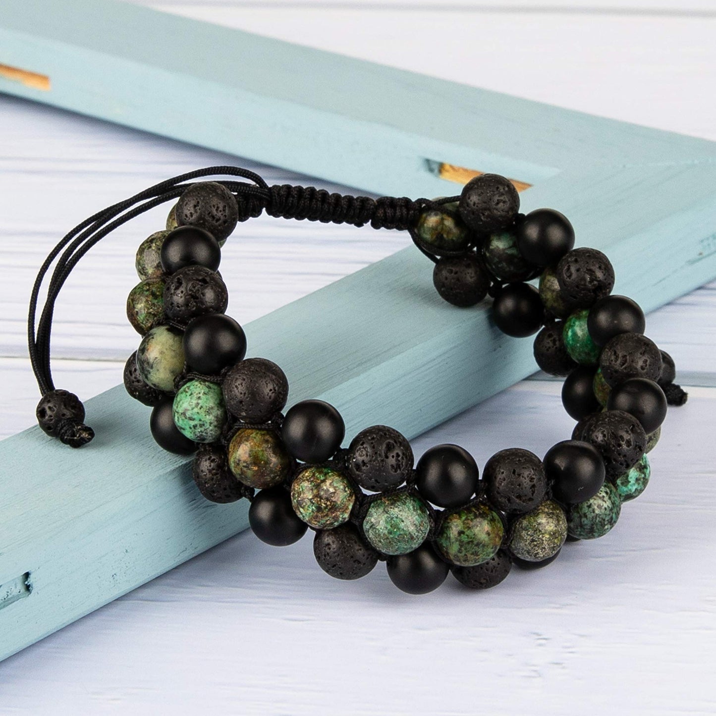 Bivei 8mm Natural Lava Rock Stone Bracelets for Men, Healing Crystal Essential Oil Diffuser Beads Bracelet Chakra Yoga Energy Anxiety Gemstone Bracelet - 3 Layer