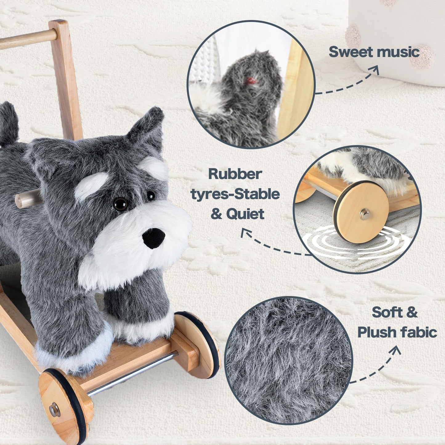 Rock My Baby Wooden Baby Walker, 2-in-1 Baby Push Walker & Ride On Toy for Toddlers 12M+, Learning to Walk Toy with Sweet Music, Soft Cuddly Dog Toy for Boys Girls (Schnauzer Dog) CPC Certified