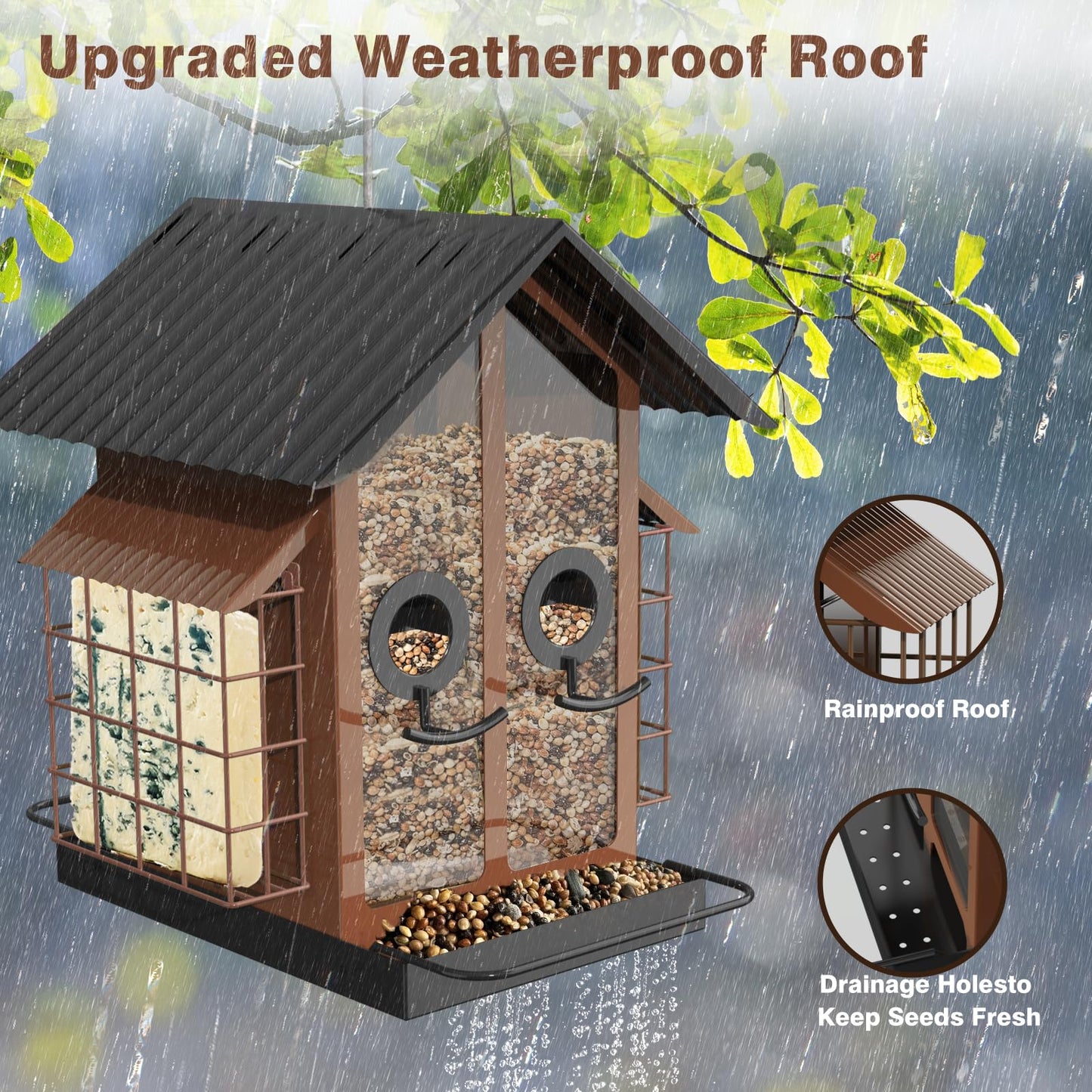 FlowaFoli Bird Feeders for Outdoors, Metal Bird Feeder with Double Suet Cage Weatherproof Metal Roof, 2 in 1 Mixed Seeds Suet Feeder, 4Lbs Large Capacity, Great for FinchăCardinalăChickadeeďźBrownďź