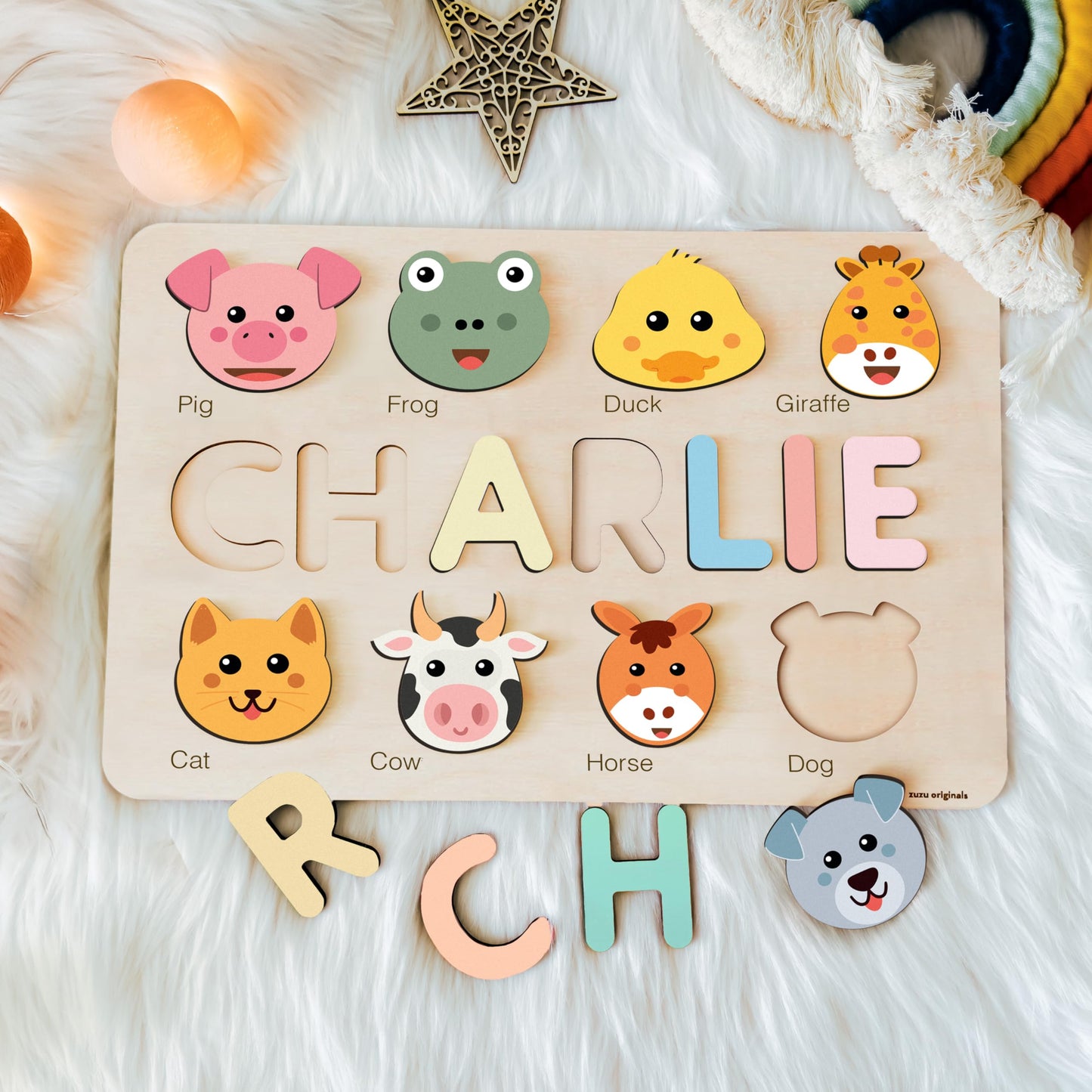 Zuzu Puzzle Personalized Name Puzzle for Toddlers 1-3 | Safari, Farm & 12 Themes | Handmade Wooden Montessori Toy, Keepsake Nursery Decor & Perfect 1st Birthday Gift for Boy Girl