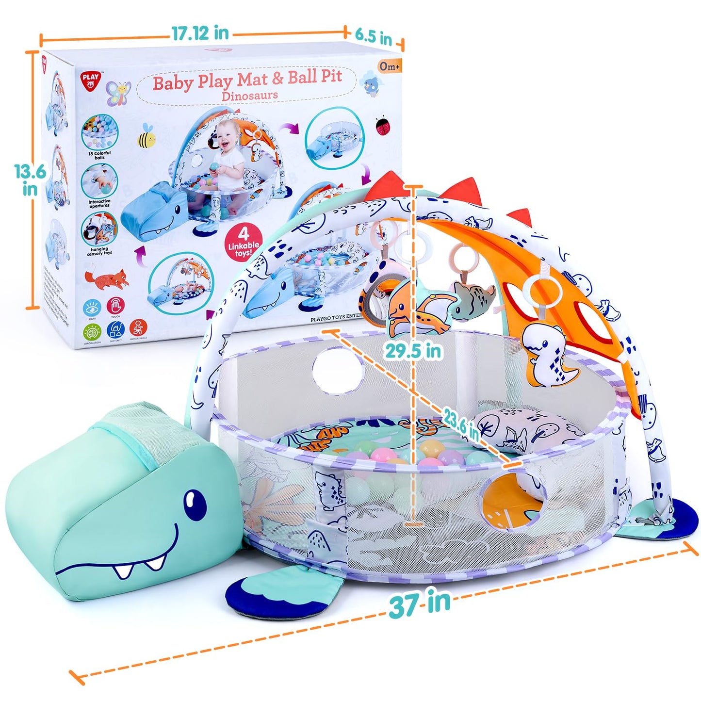 PLAY 4-in-1 Baby Play Mat - Dinosaur Baby Gyms & Playmats Tummy Time Mat Washable, Baby Activity Center with 4 Sensory Toys & 1 Soft Pillow, Develop Motor Skills Gift for Newborn Toddler - Multi