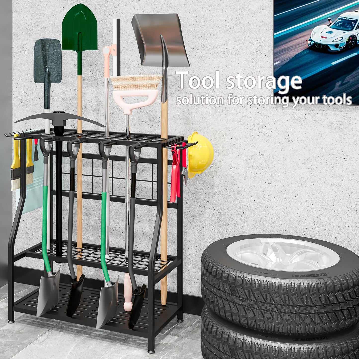 YIZAIJIA Garden Tool Organizer Holder Heavy Duty Steel Rack Up to 60 Long Handled Tools for Garage Shed Outdoor Garden Yard Black