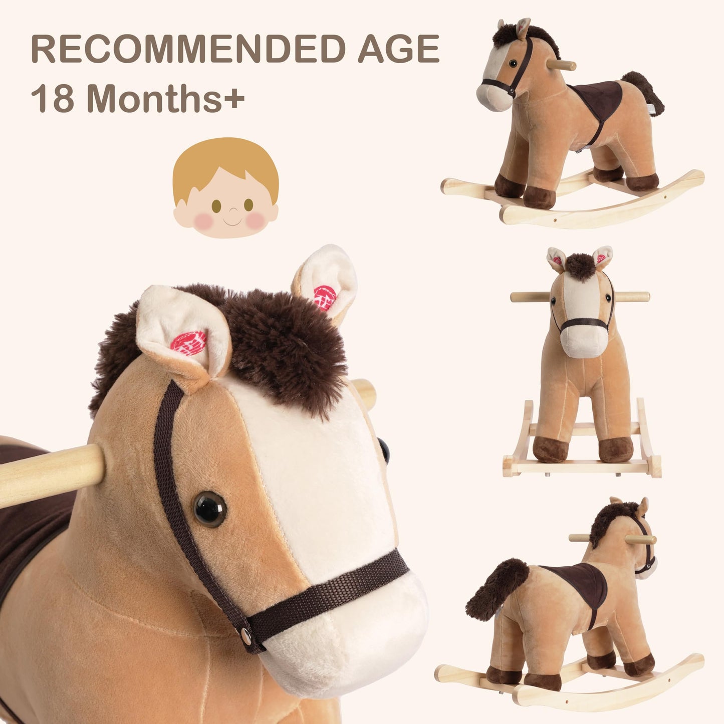 Rock My Baby Rocking Horse, Rocking Animal with Realistic Sound, Stuffed Rocker for Toddlers 18M+, Soft Filling Ride on Pony, Light Brown Horse, CPC Certified