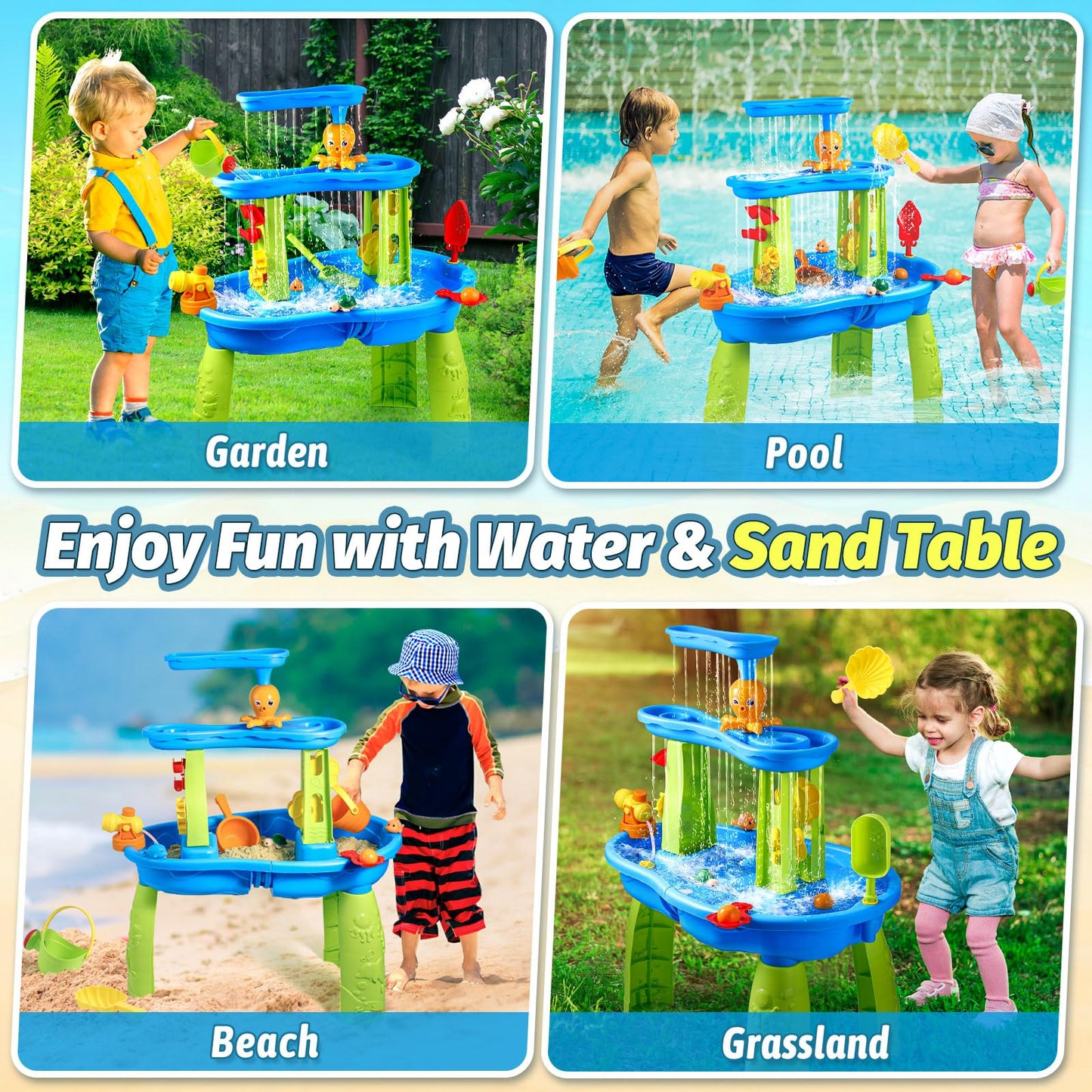 FRUSE Kids Water Table for Toddlers 3-5,3-Tier Splashing Sand Water Table Toys with Accessories,Activity Sensory Play Table for Backyard Beach Grass,Summer Outdoor Toy for Boys Girls Age 3 4 5 6 7 8