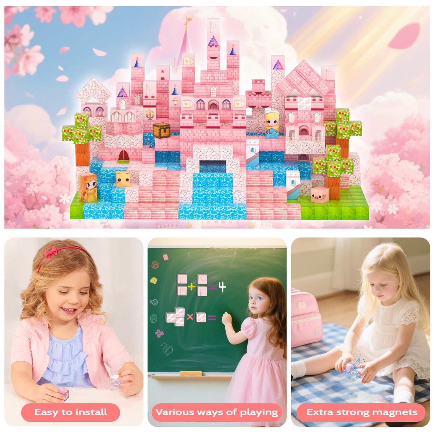 SSAWER Magnetic Blocks, 100PCS Magnetic Tiles Building Blocks, Magnet Cubes STEM Sensory Game Toys Christmas Birthday Gifts for Kids Girls Age 3+ (Princess Castle)
