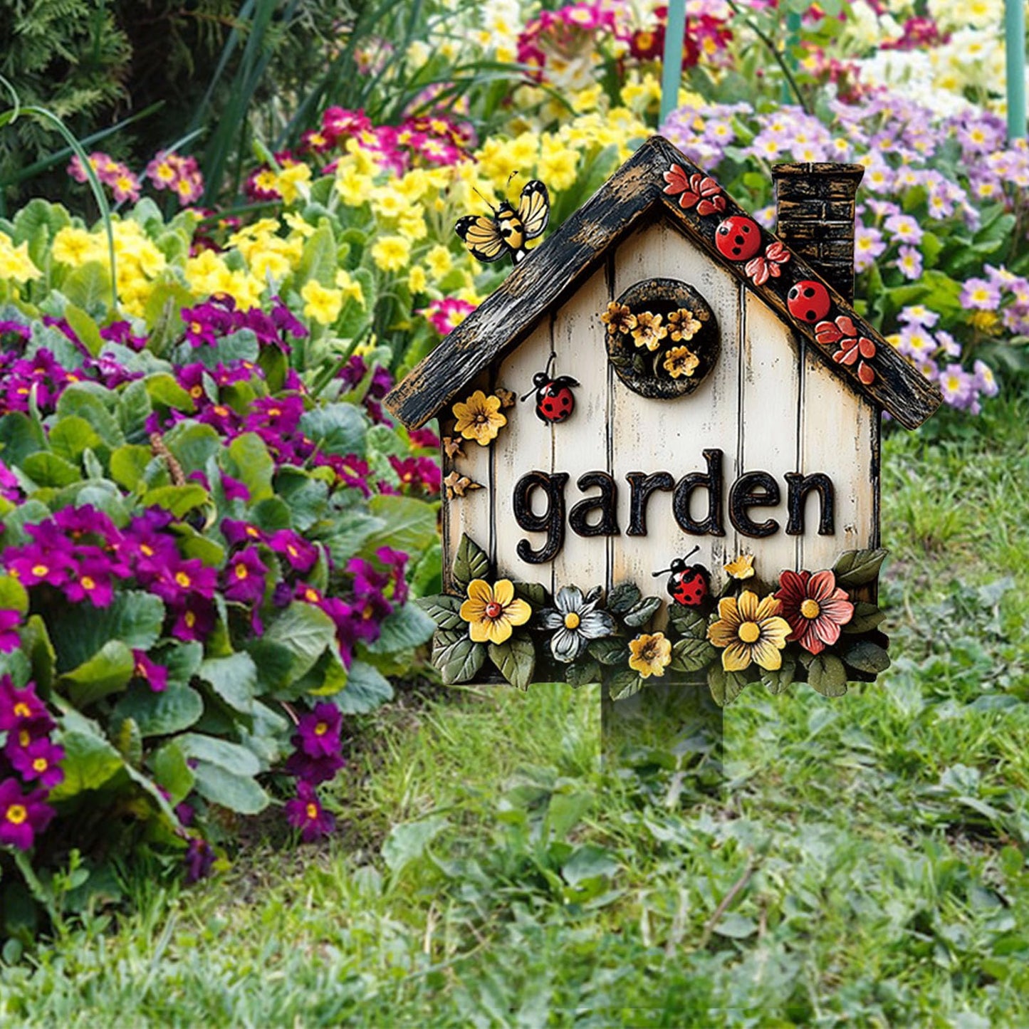 2 Pcs Flowers Garden Sign With Stake, 2D Flat Wooden Floral Ladybug Butterfly Welcome Sign, Personalized Sign Stakes for Pots Flower Bed Yard Lawn