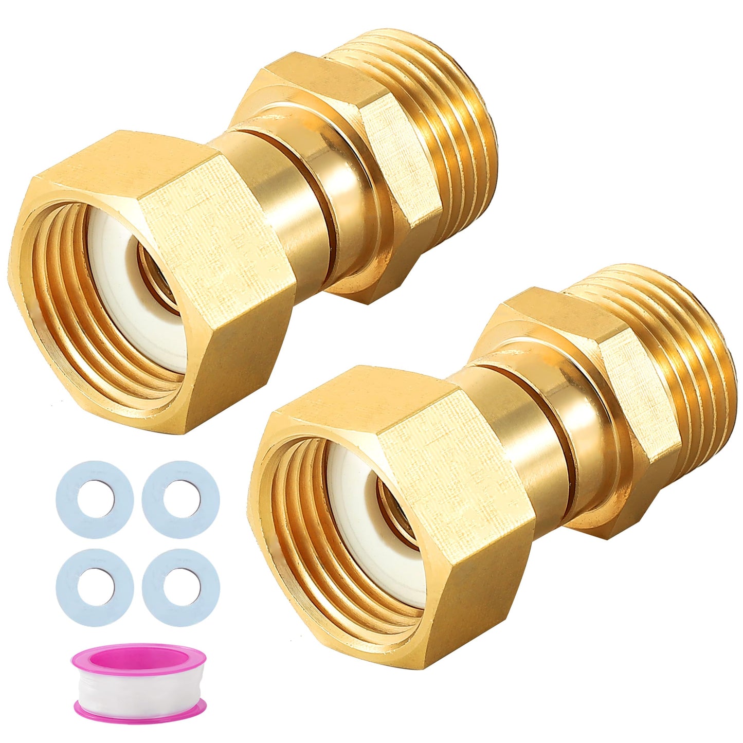 M MINGLE Garden Hose Swivel Connector, 3/4" GHT Brass Hose Fittings, 360 Degree Swivel Male to Female Hose Adapter with Extra 4 Washers
