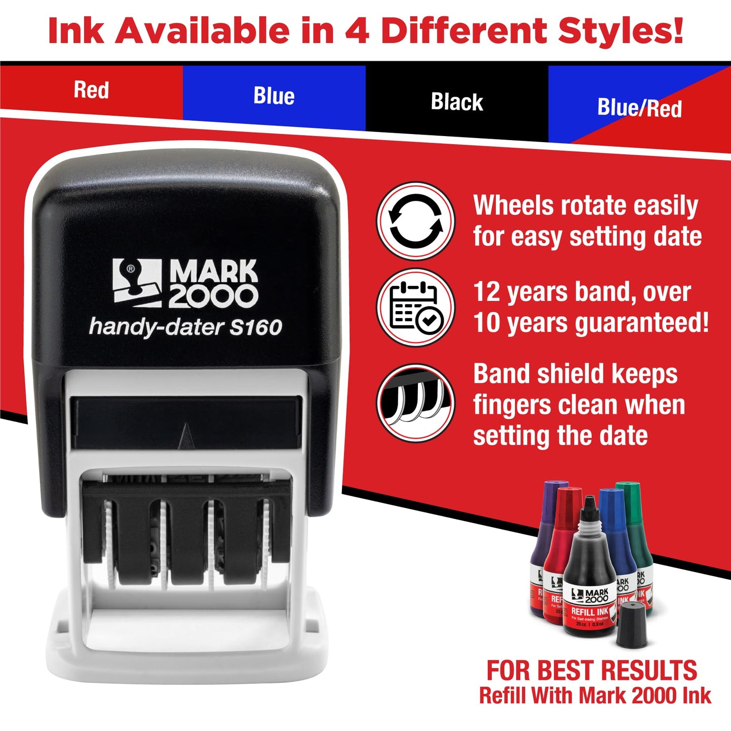 Mark 2000 Self-Inking Rubber Date Office Stamp with Received Phrase Blue Ink & Date RED Ink (Handy-Dater S160), 12-Year Band