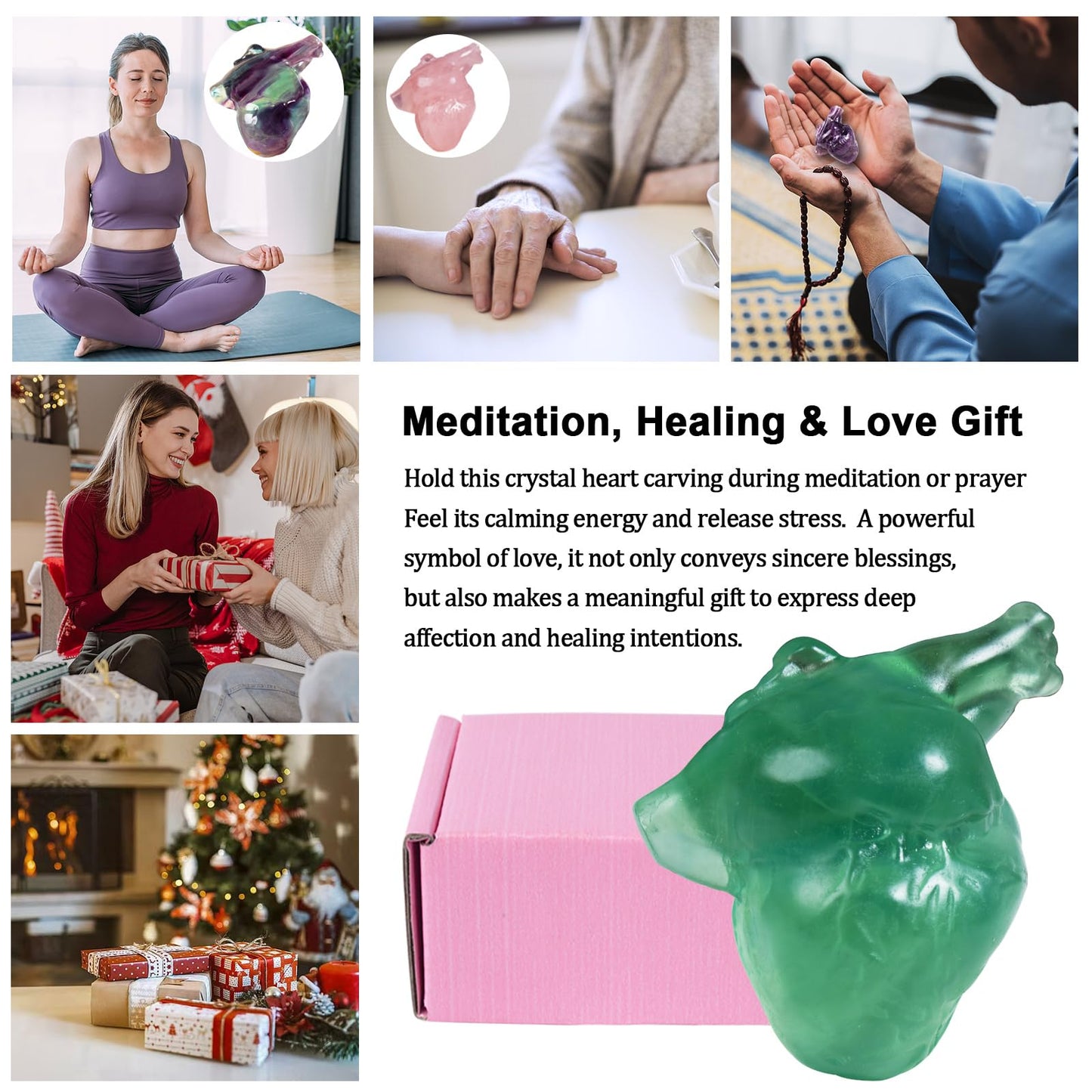QLRSUXN Fluorite Heart Crystal Figurines, 2.1 Inch Crystal Heart Love Statue for Home Decor, Meditation and Stress Relief, Hand Carved Natural Healing Stone Cardiac Sculpture Spiritual Gift for Women