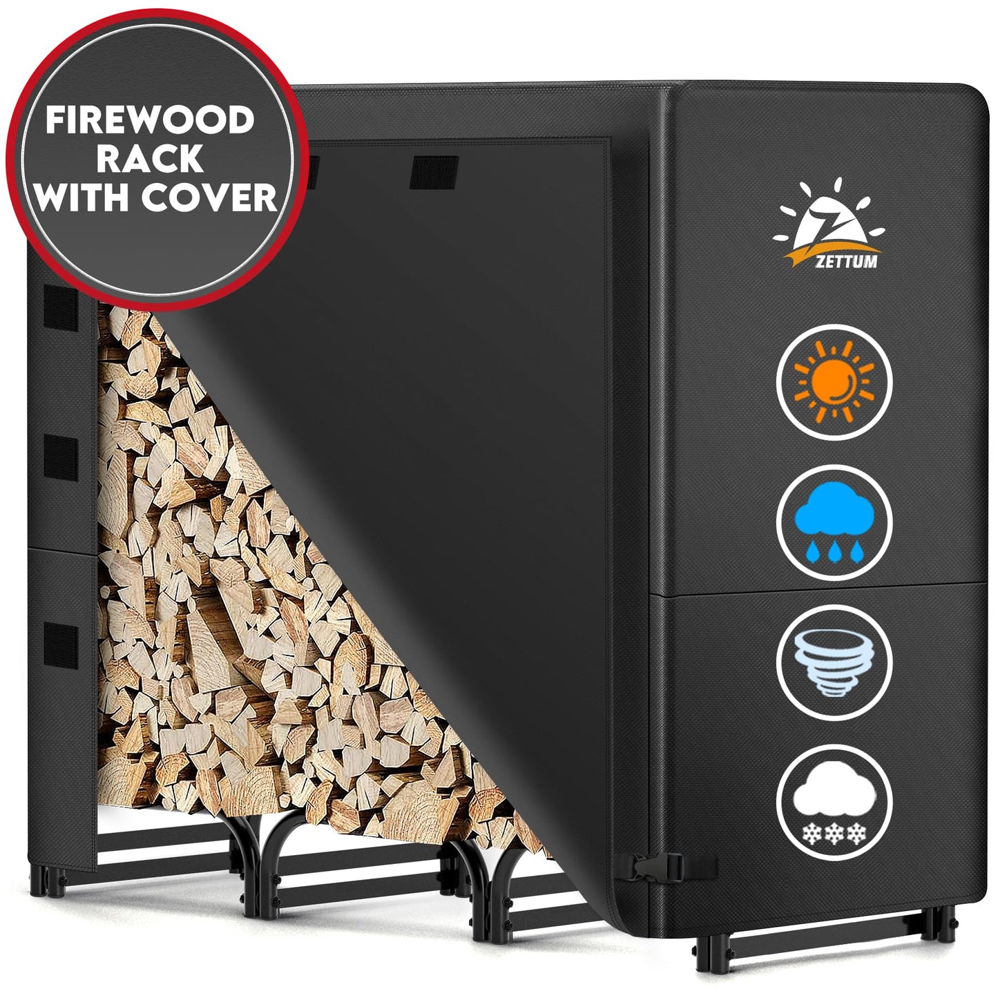 Zettum 4ft Firewood Log Rack with Cover - Outdoor Wood Stand Holder with Cover Heavy Duty, 4 Feet Metal Fire Wood Pile Organizer and Cover Combo Set for Fireplace Storage (48 x 14 x 48 Inch)