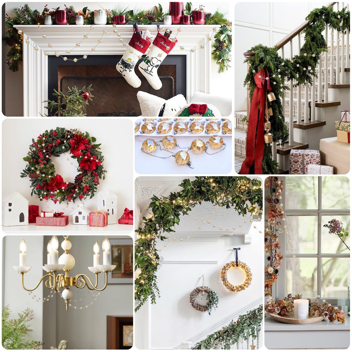 LEFERS 9.8Ft Crystal Glass Balls Christmas Garland,48 Beads 16mm Faceted Prism Beads Strands Hanging Ornament Decoration for Christmas Tree Centerpieces Wedding Party (Gold)