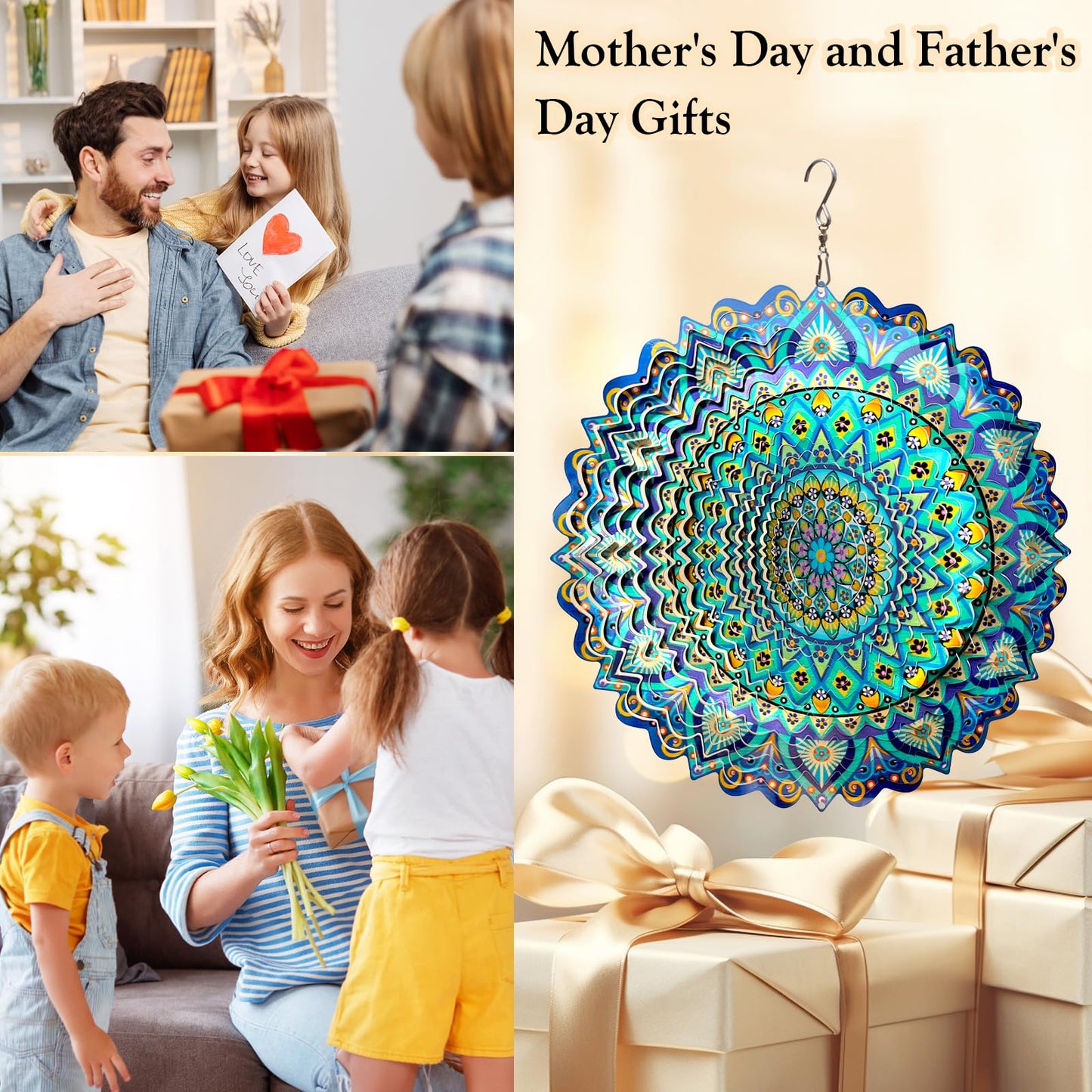 Eiryhope Wind Spinner Mandala Peacock - 12In Laser Cut Stainless Steel Wind Spinners Outdoor, 3D Kinetic Hanging Sculpture, Rustproof Metal Garden Decor Yard Art, Unique Gift for Women, Men, Holidays