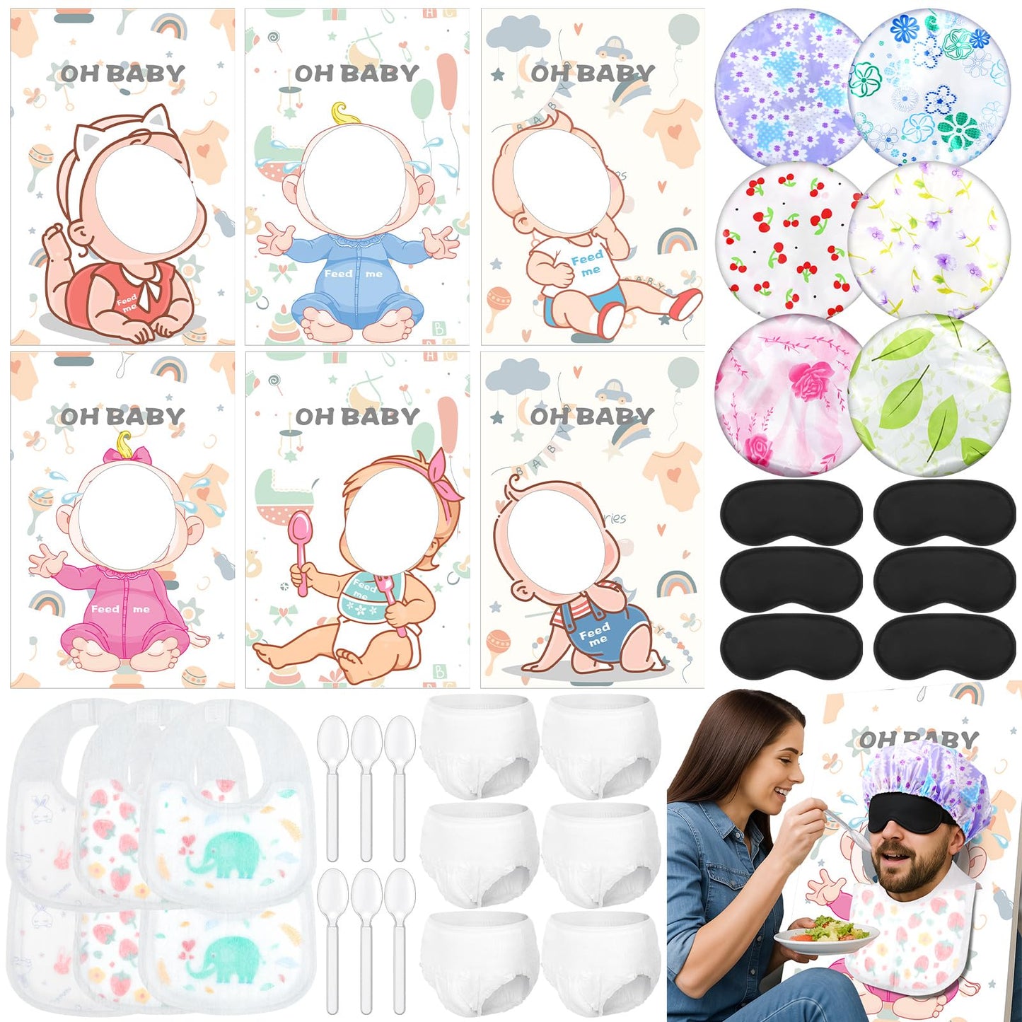 Liitrsh 6 Sets Funny Blindfolds Baby Shower Games Feed Me Baby Shower Games Set Include Eye Mask Bib Spoon Diaper Cap Foam Board Gender Reveal Activities Play for Guests Gender Reveal Party Favor