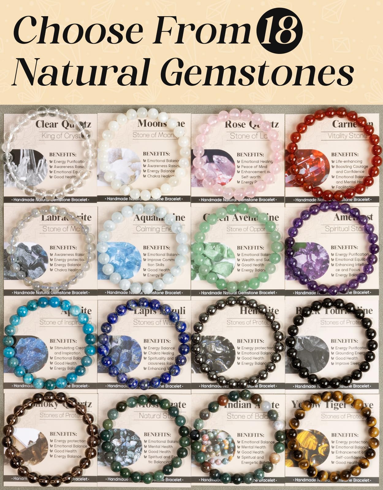 Landorilo Beaded Bracelet for Men Women, 8mm Natural Stone Labradorite Healing Crystal Stretch Bracelets, Ideal Christmas Birthday Jewelry Gifts with Energy Card,Replacement Beads Included