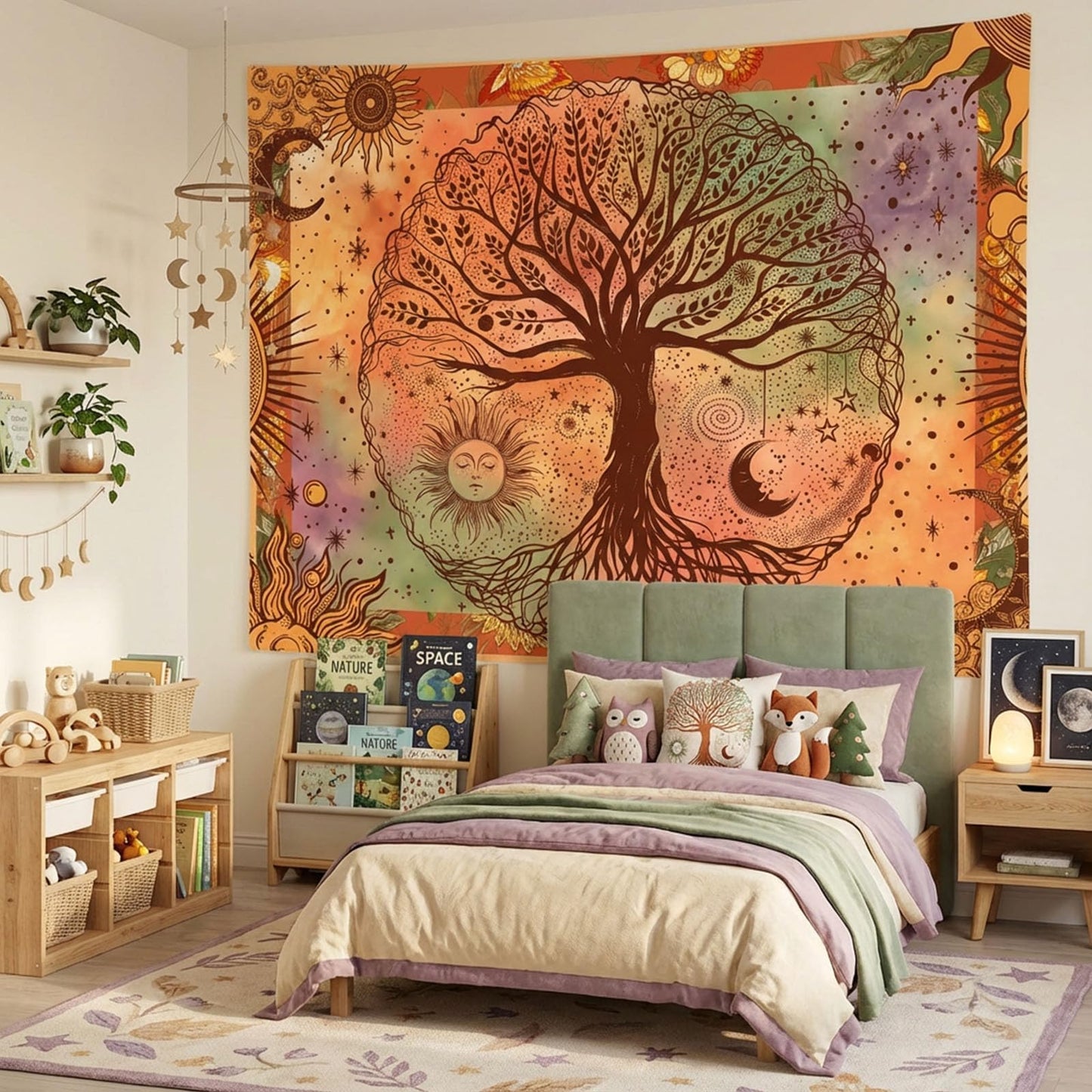 Lifeel Boho Orange Tree of Life Tapestry, Sun Moon Stars Aesthetic Nature Tapestries Home Decor for Living Room Bedroom, 36x48 inches