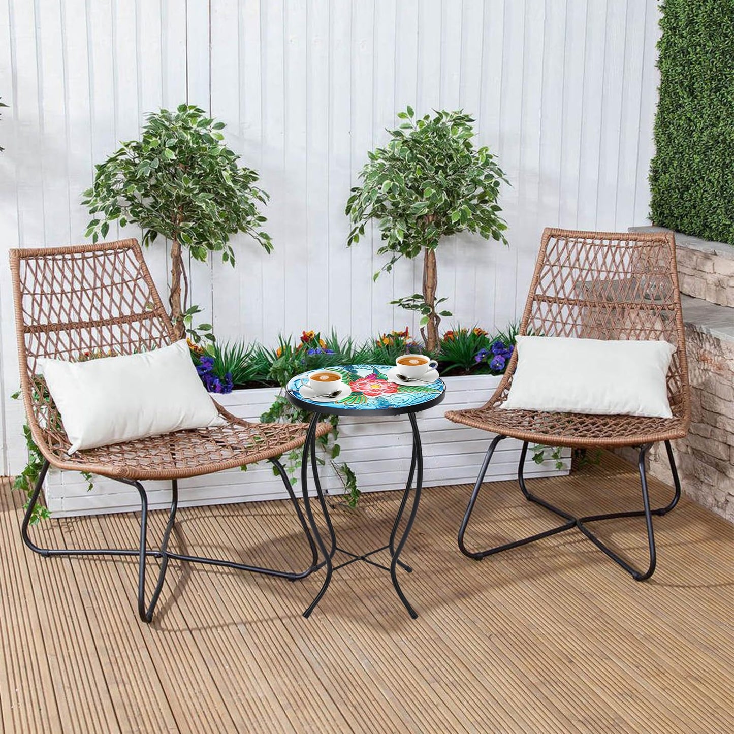 VCUTEKA Patio Side Table Outdoor Accent Table Bistro Coffee Table Plant End Table Small Porch Table Indoor Round Glass Balcony Plant Table Stands Hummingbird 14''