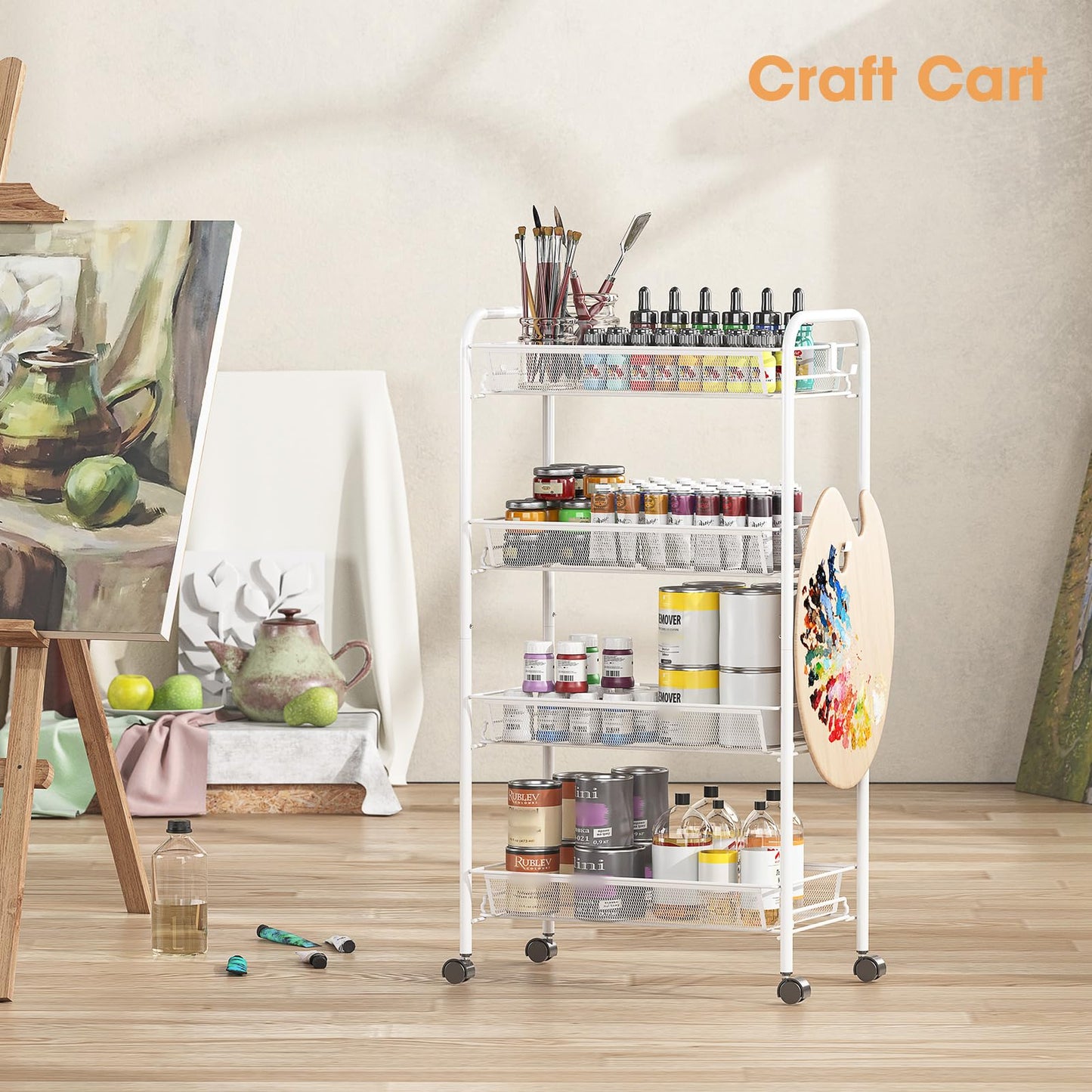 TOOLF 4-Tier Rolling Cart, Metal Utility Cart with 3 Hooks, Easy Assemble Mobile Storage Trolley On Wheels, Metal Shelving Units Kitchen Bathroom Laundry Room