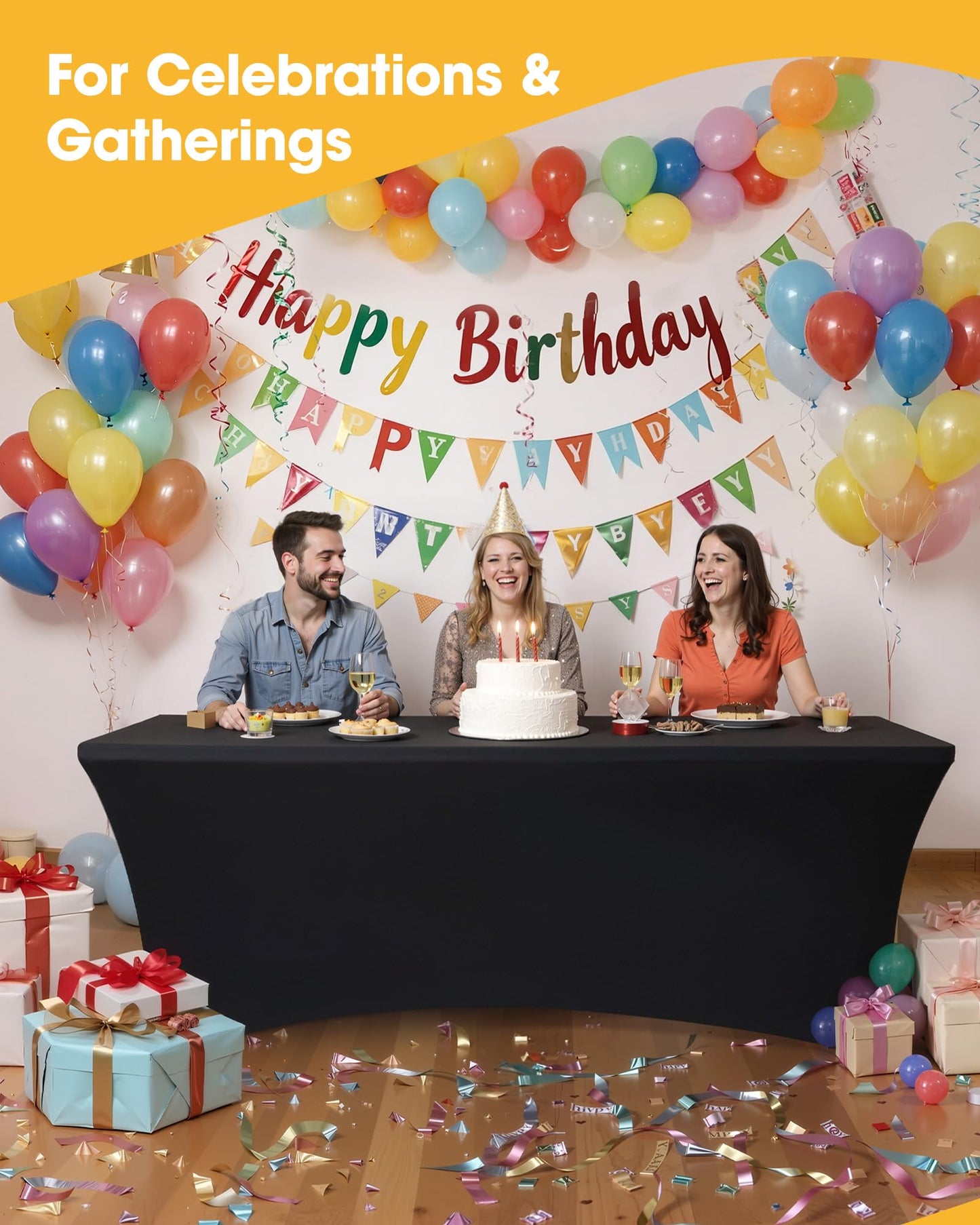 Niuara 4-Pack Black Spandex Tablecloths – 72"x30"x30" Stretch Fitted Table Covers for 6ft Rectangle Folding Tables, Wrinkle-Resistant Tablecloth for Wedding, Banquet & Outdoor Events