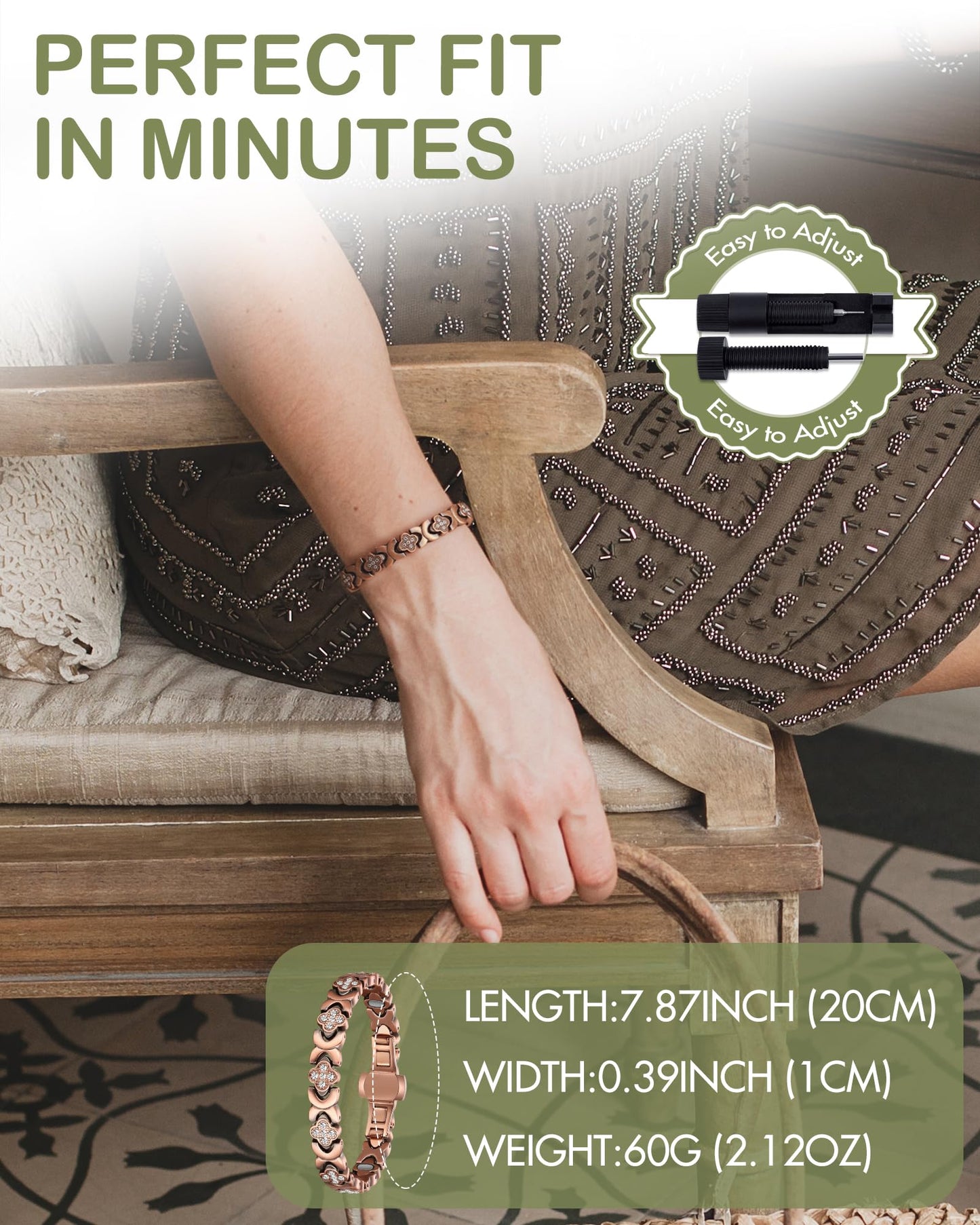Feraco Pure Copper Bracelets for Women, 5X Ultra Strength Magnetic Bracelet with 5000 Gauss Neodymium Magnets & Upgraded Butterfly Clasp, Adjustable Jewelry Gift (Copper Clover)
