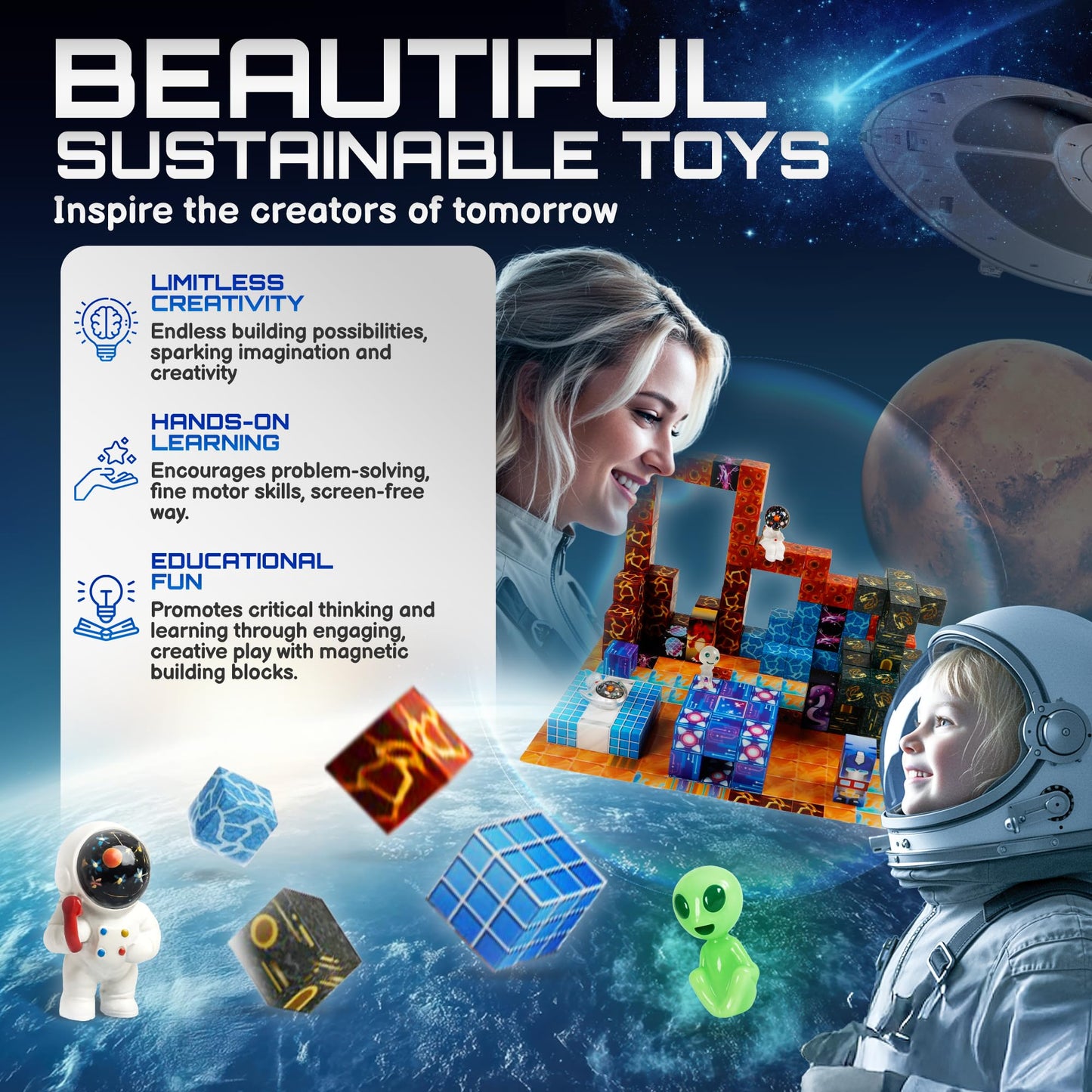PLAYIQ 181-Piece Magnetic Building Blocks Set – STEM Toys for Kids Ages 3+ | Educational Space-Themed Magnetic Construction Kit with LED Light-Up Cubes | Sensory Gift Toy for Boys & Girls