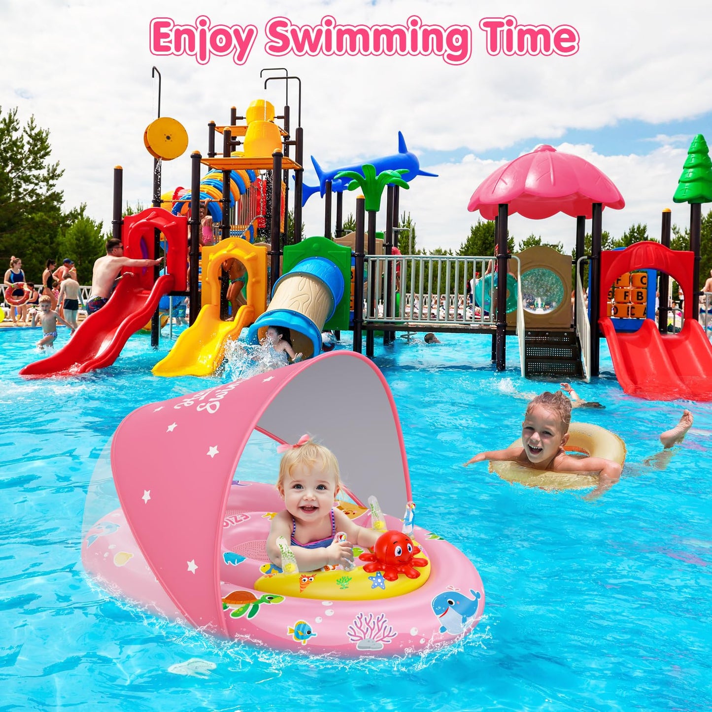 EZIGO Baby Pool Float with Canopy UPF50+ Sun Protection, Inflatable Kids Pool Floats with Ocean Animal Toys for Baby 6-36 Months, Infant Swimming Float with Adjustable Safety Seat for Boys Girls Pink