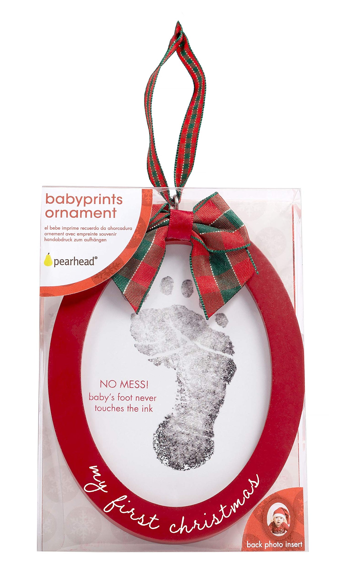 Pearhead Babyprints Double-Sided Christmas Photo Ornament with Clean Touch Ink Pad, Baby's First Christmas Holiday Keepsake Ornament, Newborn Handprint or Footprint Kit, 2 Sided, Red (Pack of 2)
