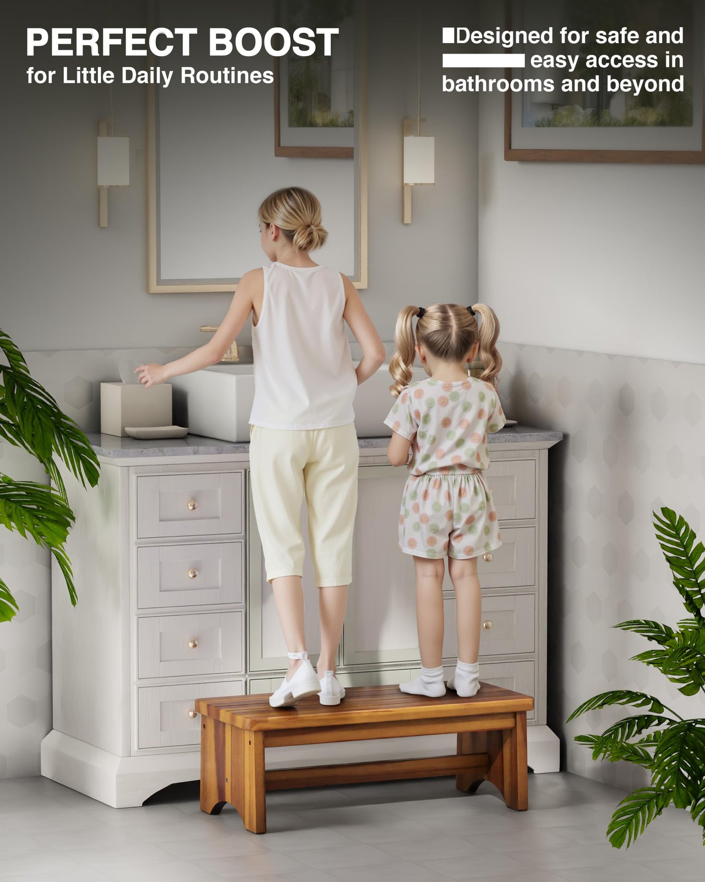 FANATU Extra Wide 26in Wooden Step Stool, Heavy Duty One Step Stool for Adults and Seniors, Holds Up to 550 lbs, Reinforced Cross Bar, Non-Skid Surface, Multipurpose Use for Kitchen, Bathroom, Bedroom