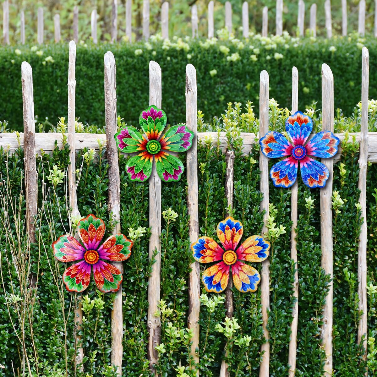 Giyyomtr Metal Flowers Wall Decor - 4pcs 6.2'' Metal Wall Art Hanging Decorations for Outdoor Fence Garden Yard Patio Exterior Wall Decor