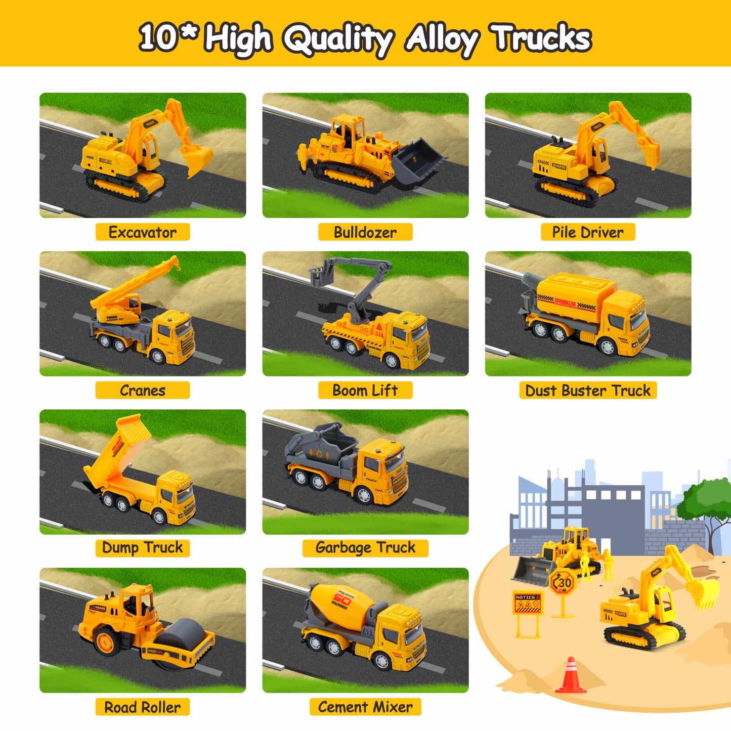 iGRATENS Construction Toys with Sound Books - Dig It! Dump It! Build It! Construction Board Book with 10 Buttons & 20 PCS Toys for 3+ Year Old, Great for Little Alloy Truck Lovers Kids