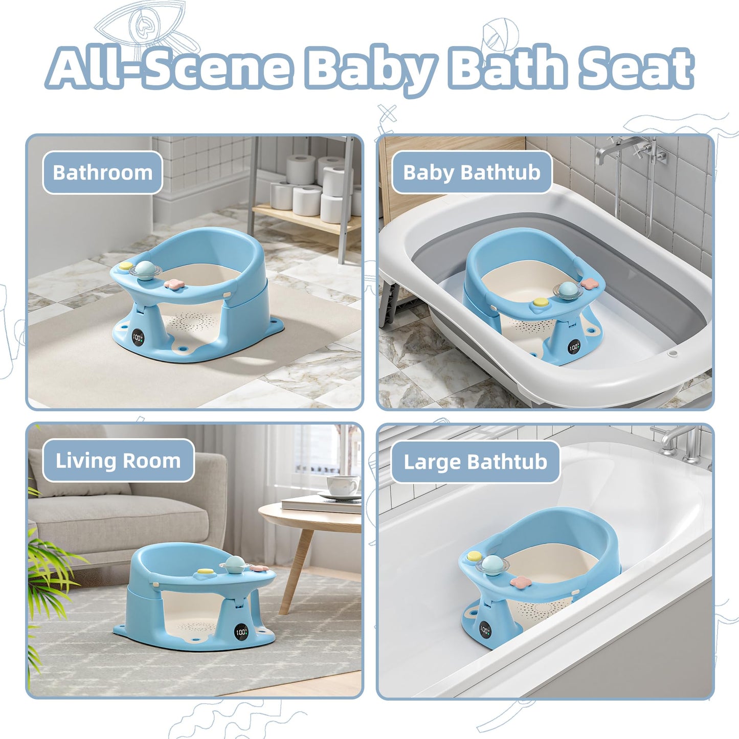Baby Bath Seat for Babies 6 Months & up with Thermometer, Non-Slip Toddler Bath Seats for Sitting Up, Safe Infant & Newborn Bathtub Chair with 4 Suction Cups, Soft Cushion & Temperature Display, Blue
